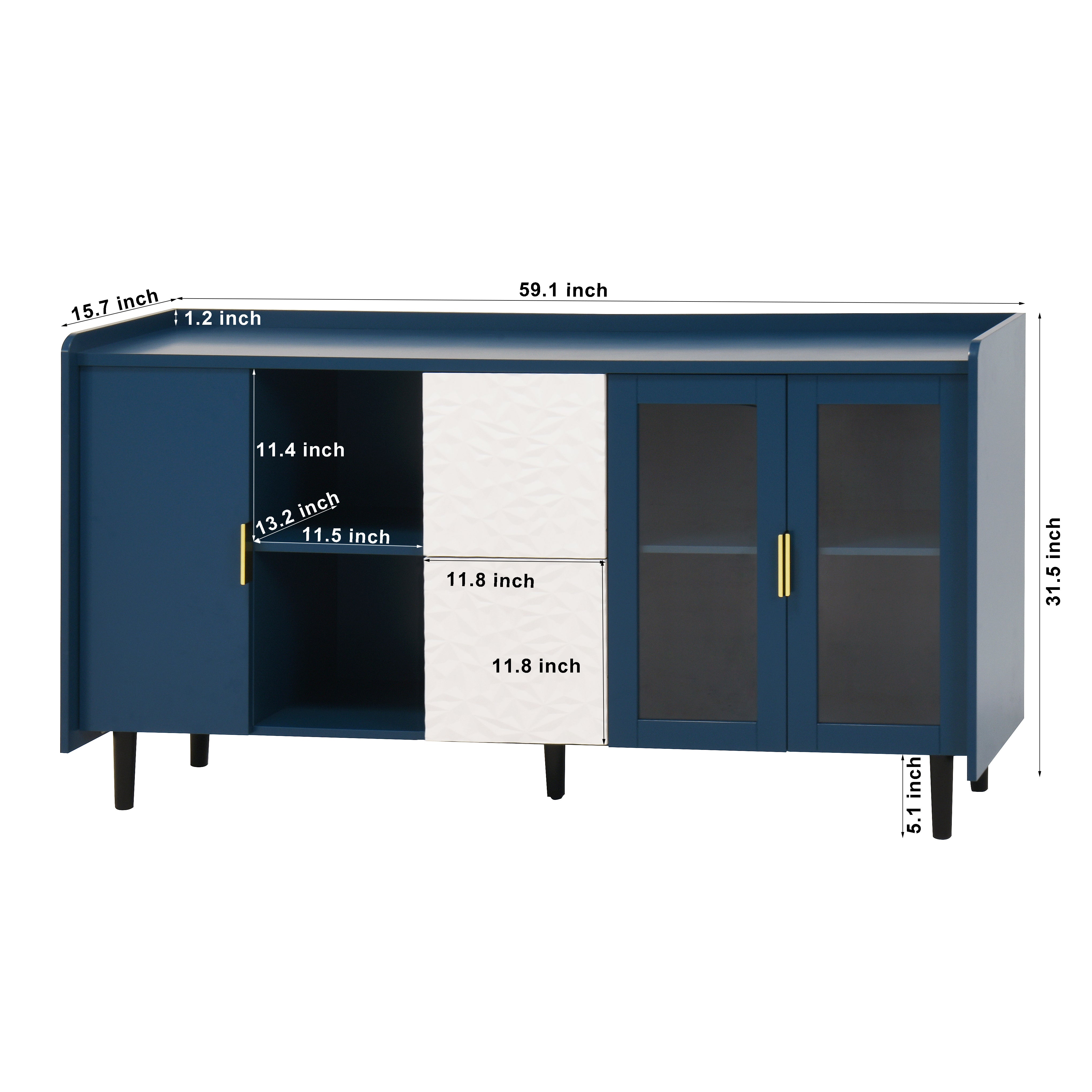Pantry Cabinet 55-inch 2 Drawers 2 Glass Doors - Blue