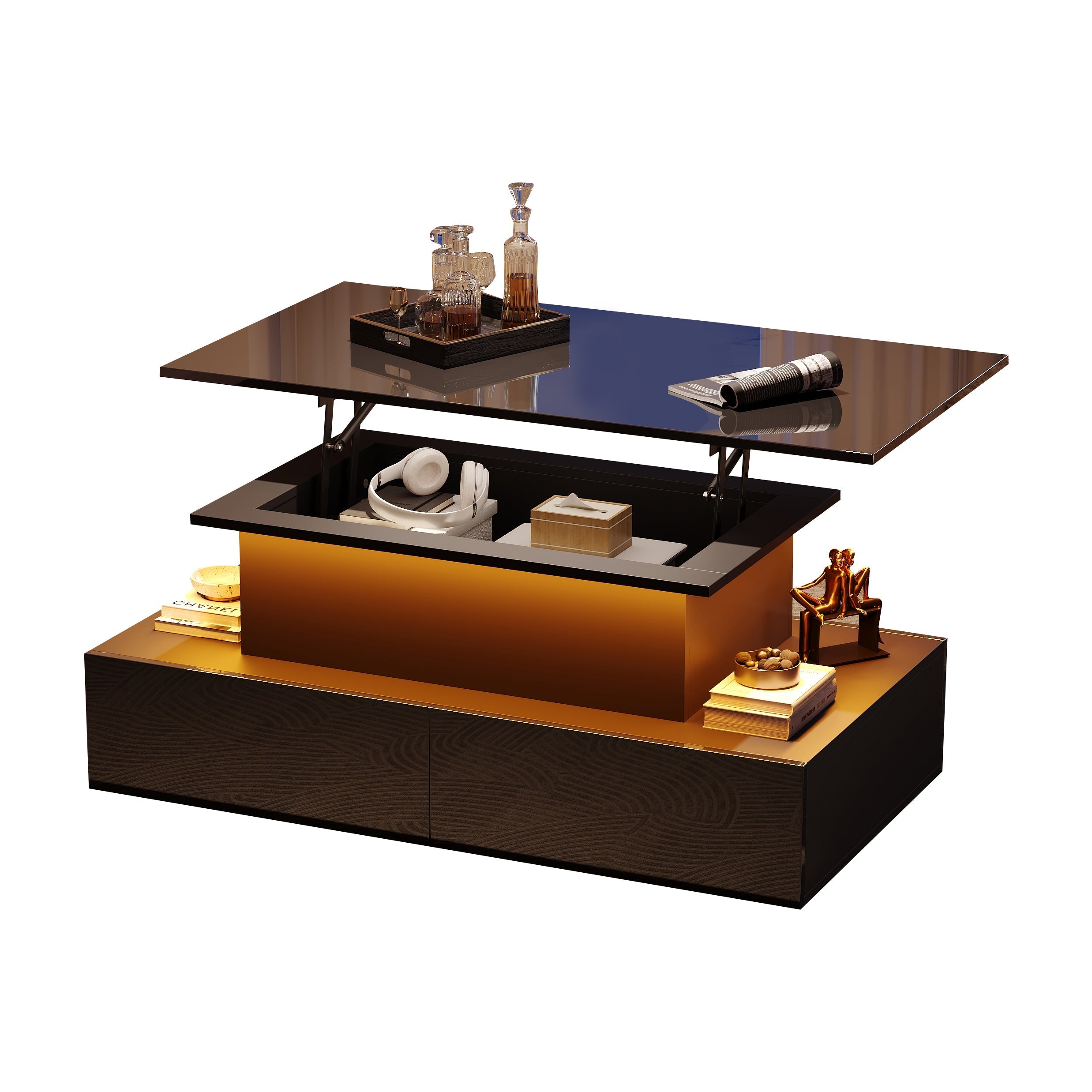 LED High Gloss Coffee Table, 4 Drawers, Lift Top, Storage, Rectangular, Black