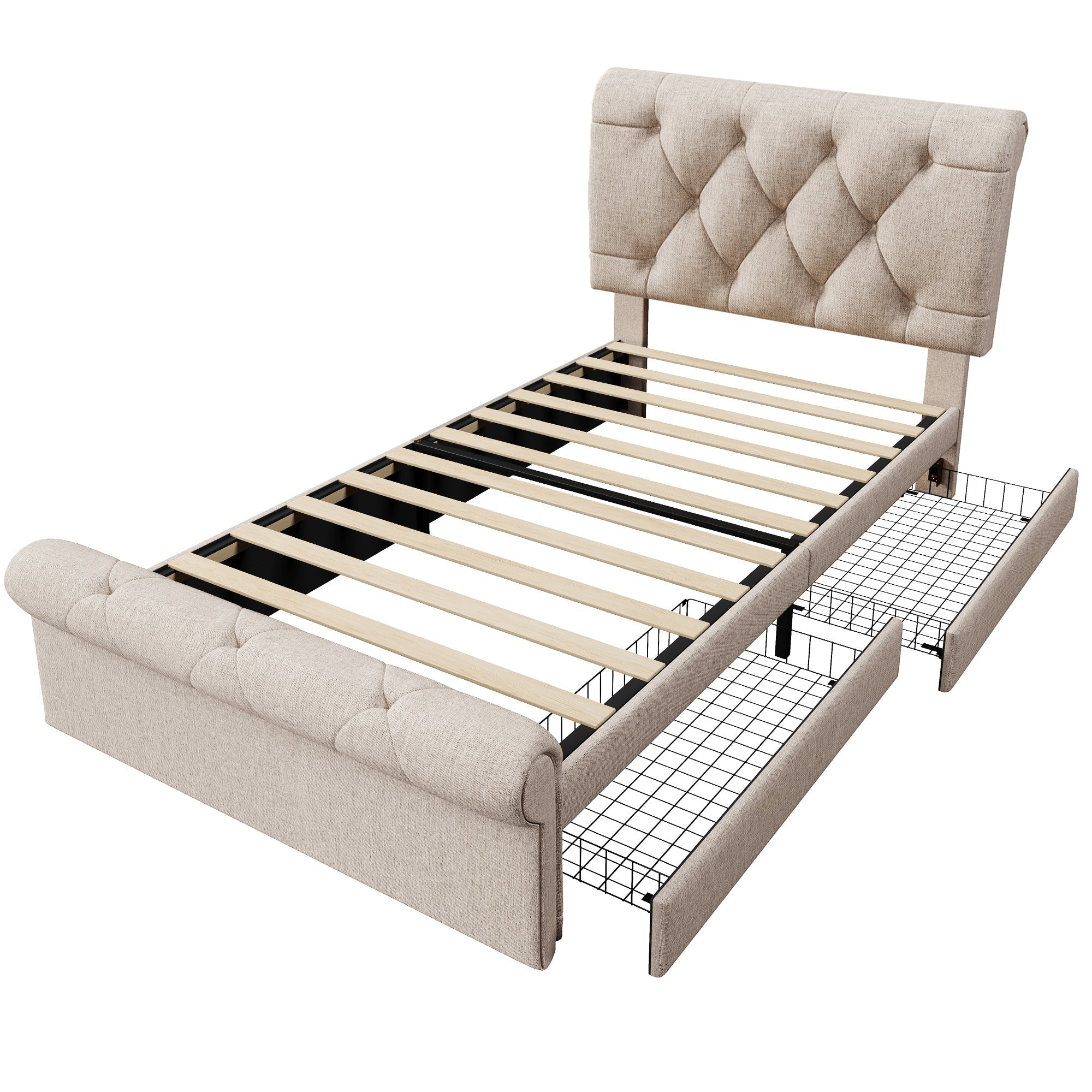 Single Upholstered Bed, 90x200cm, 2 Drawers, Adjustable Headboard, Chesterfield, Natural