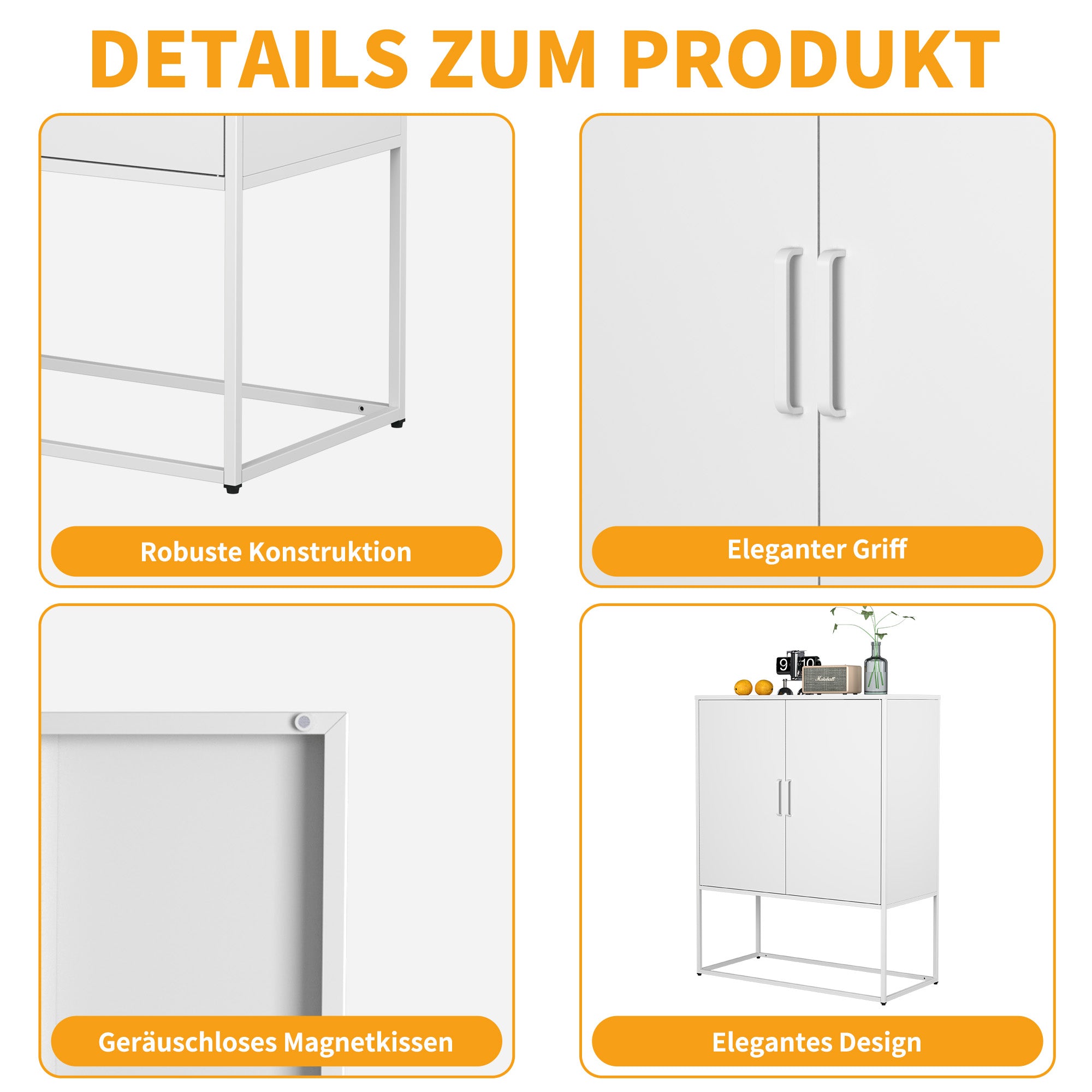 Metal Sideboard 2 Shelves Magnetic Doors Freestanding - White