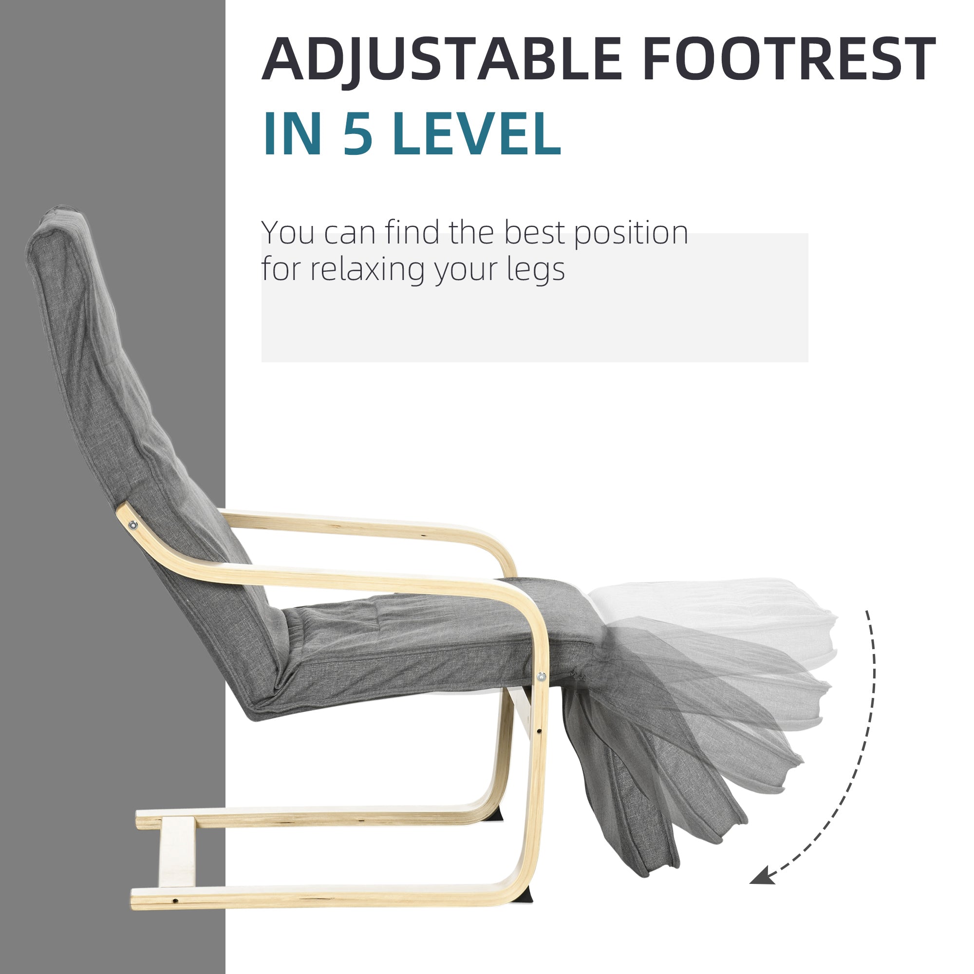 Wooden Lounging Chair Recliner with Adjustable Footrest & Removable Cushion, Dark Grey
