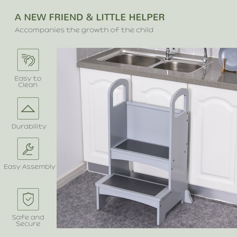 Kids Wooden Step Stool Kitchen Helper with Non-Slip Panels and Handles, Grey