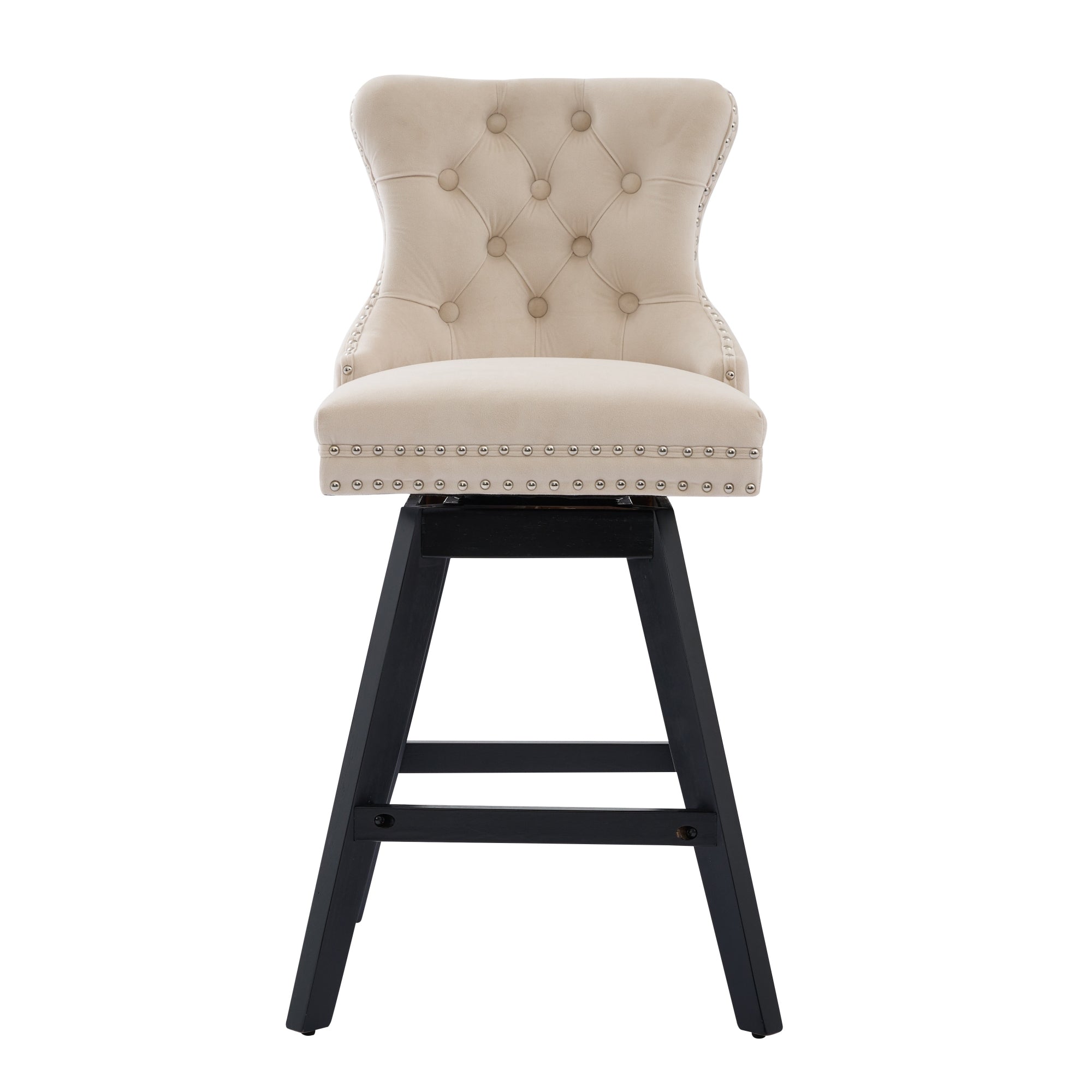 Swivel Barstools Set of 2 Button Tufted Wooden Legs - Beige Velvet