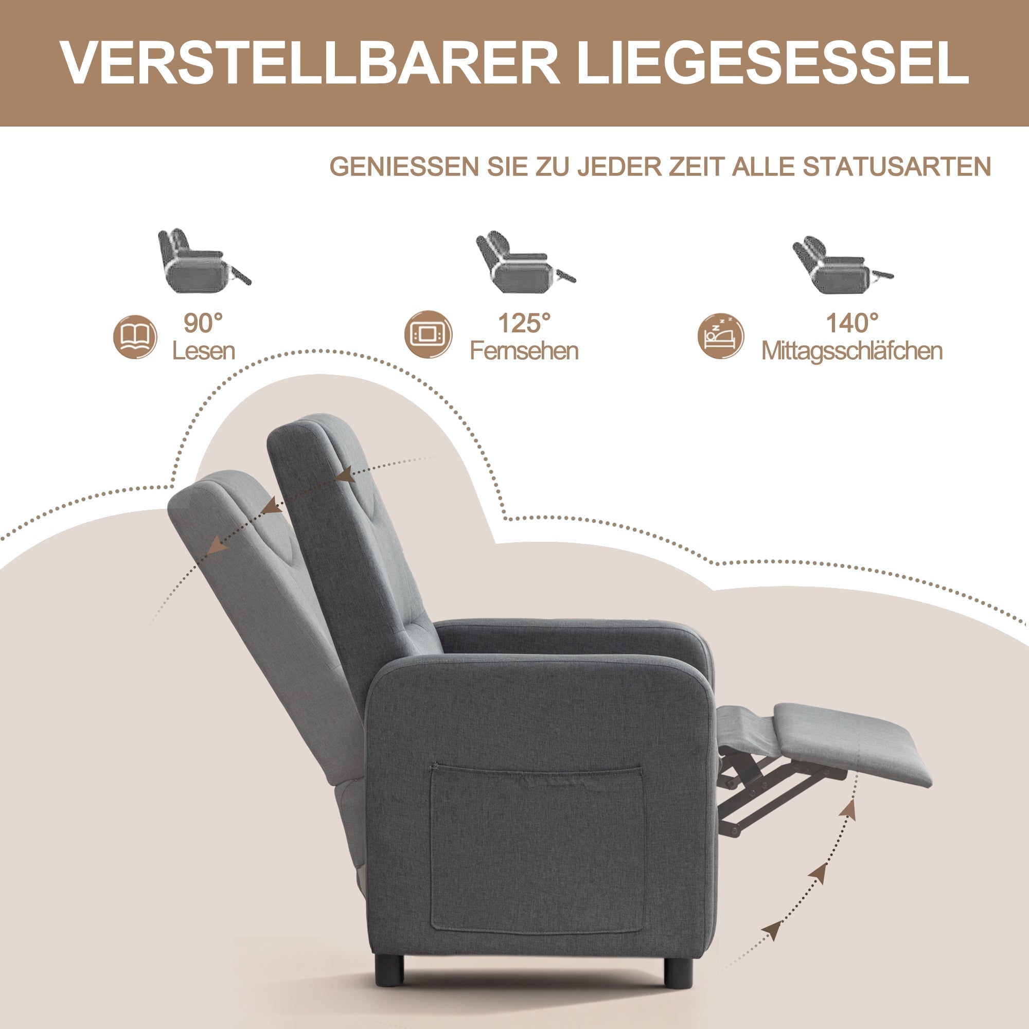Reclining Armchair Adjustable Function - Dark Grey