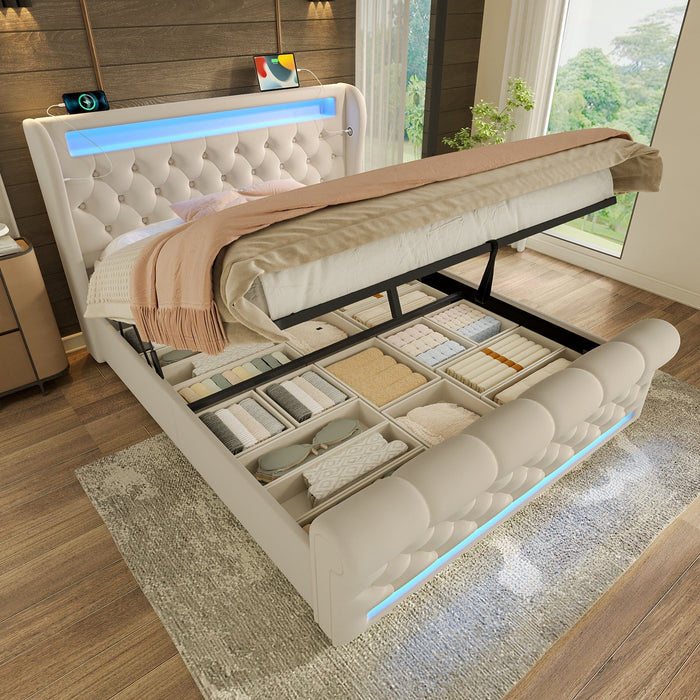 Upholstered Double Bed 160x200cm LED Lights USB/Type-C Storage Hydraulic Velvet Beige
