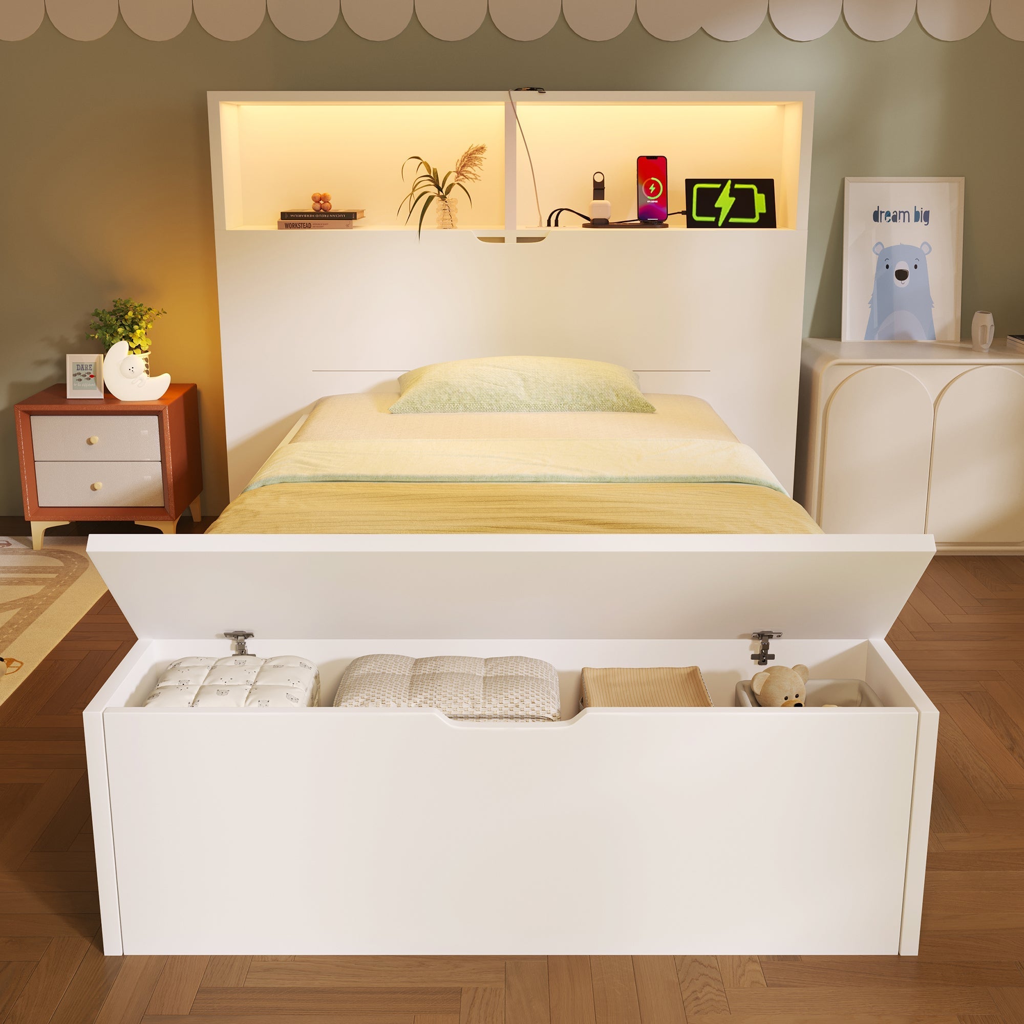 Wooden Single Bed 90x200cm Storage LED USB Drawers Shelves - White Wood