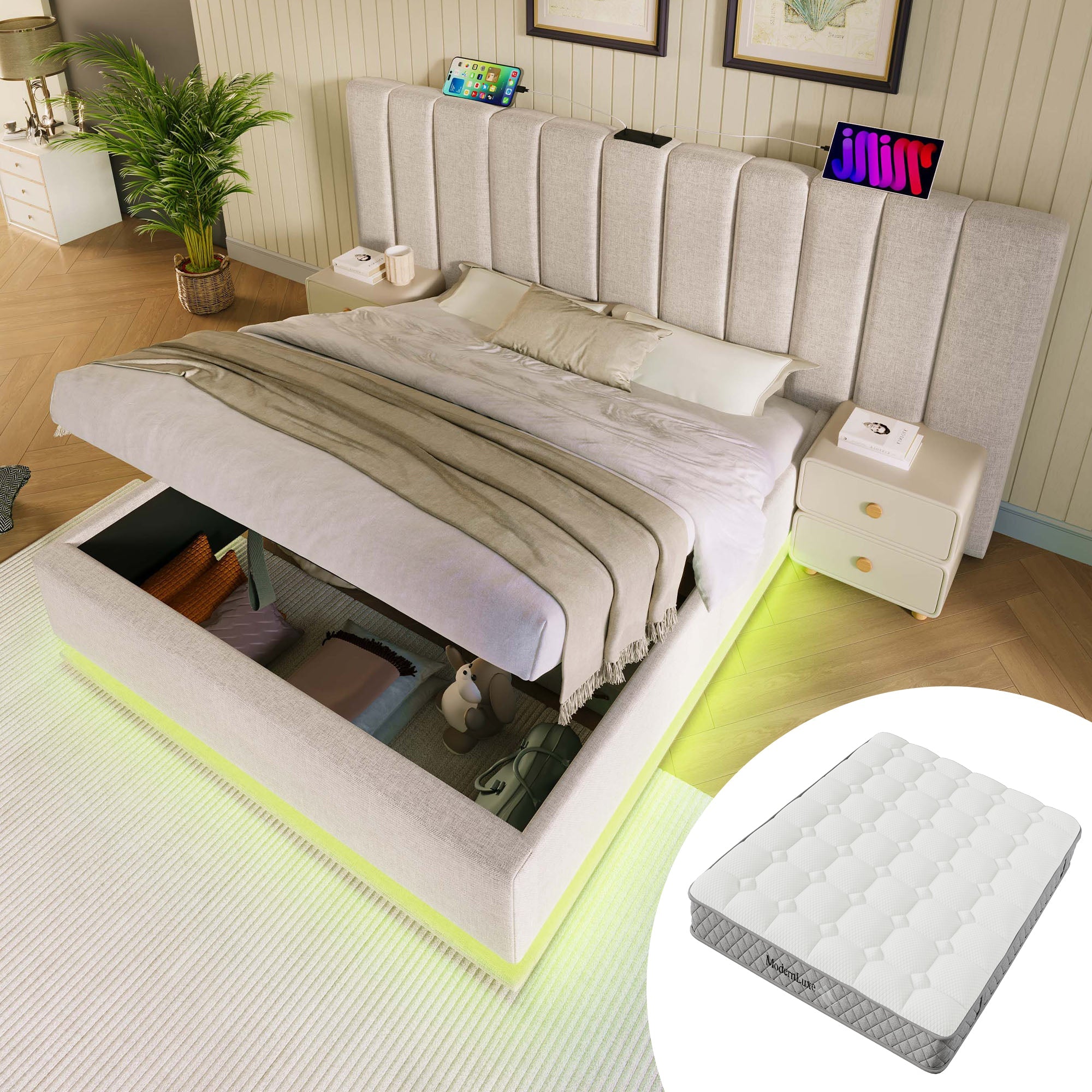 Upholstered Bed 180x200 Double Storage LED USB-C Slatted Base Linen Beige