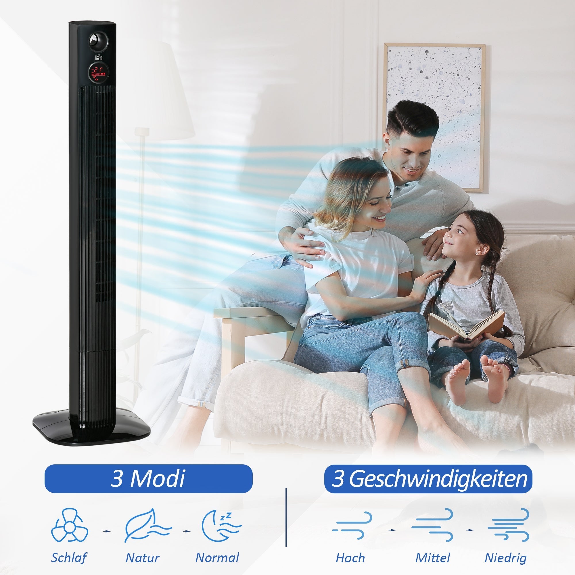 Pedestal fan with remote control, 45W, 12H timer, 70° oscillation, 3 ventilation levels, aroma diffuser, black