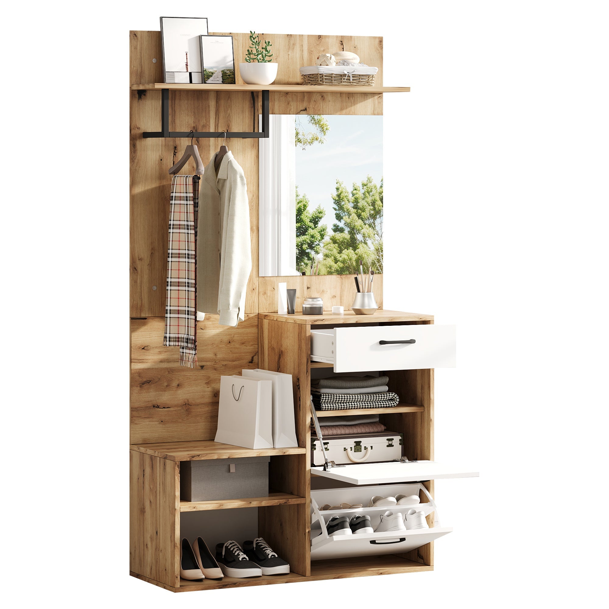 Wardrobe Set, Mirror, Shoe Bench, 1 Drawer, 2 Cabinets, White Wood