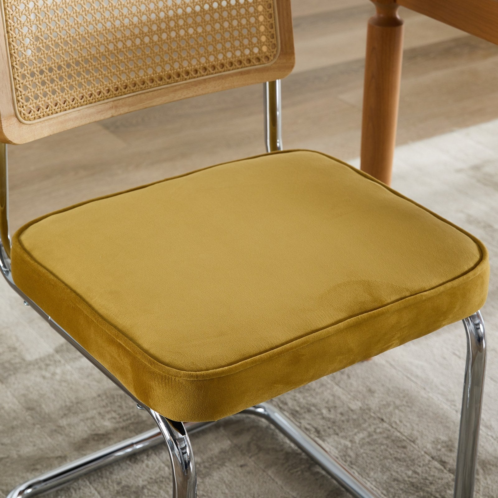 Mid Century Modern Dining Chairs Set of 2 - Velvet Cane Back Chrome Base - Golden Color
