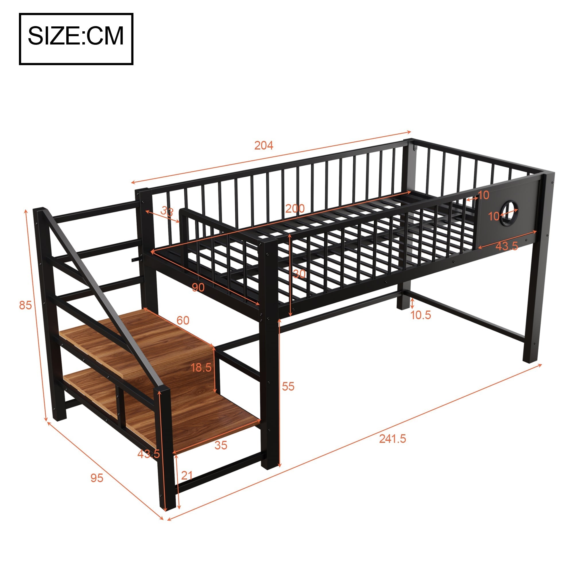 Low Loft Bed with Storage Ladder and Metal Frame, 90x200cm, Black Metal