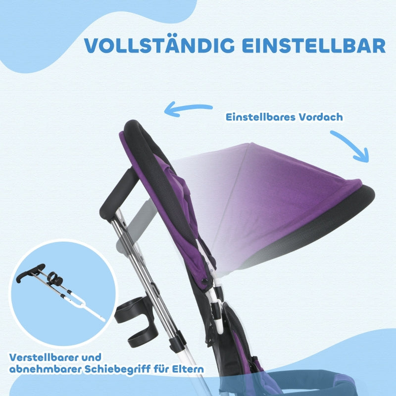 6-in-1 Tricycle with Push Bar, Sun Canopy, Safety Harness, Purple