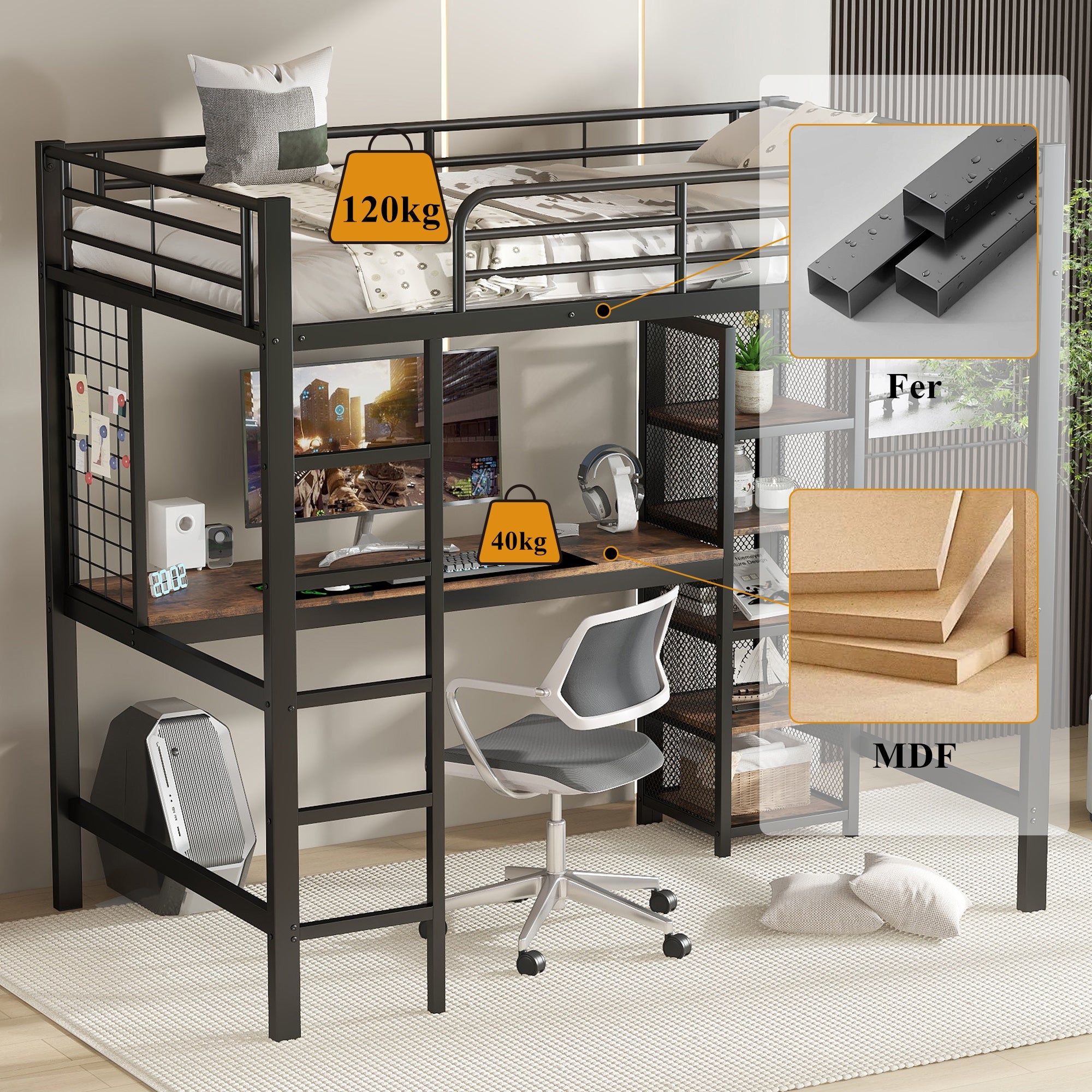 Loft Bed 90x200cm with Table and Shelving Unit, Iron/MDF Black/Dark Wood