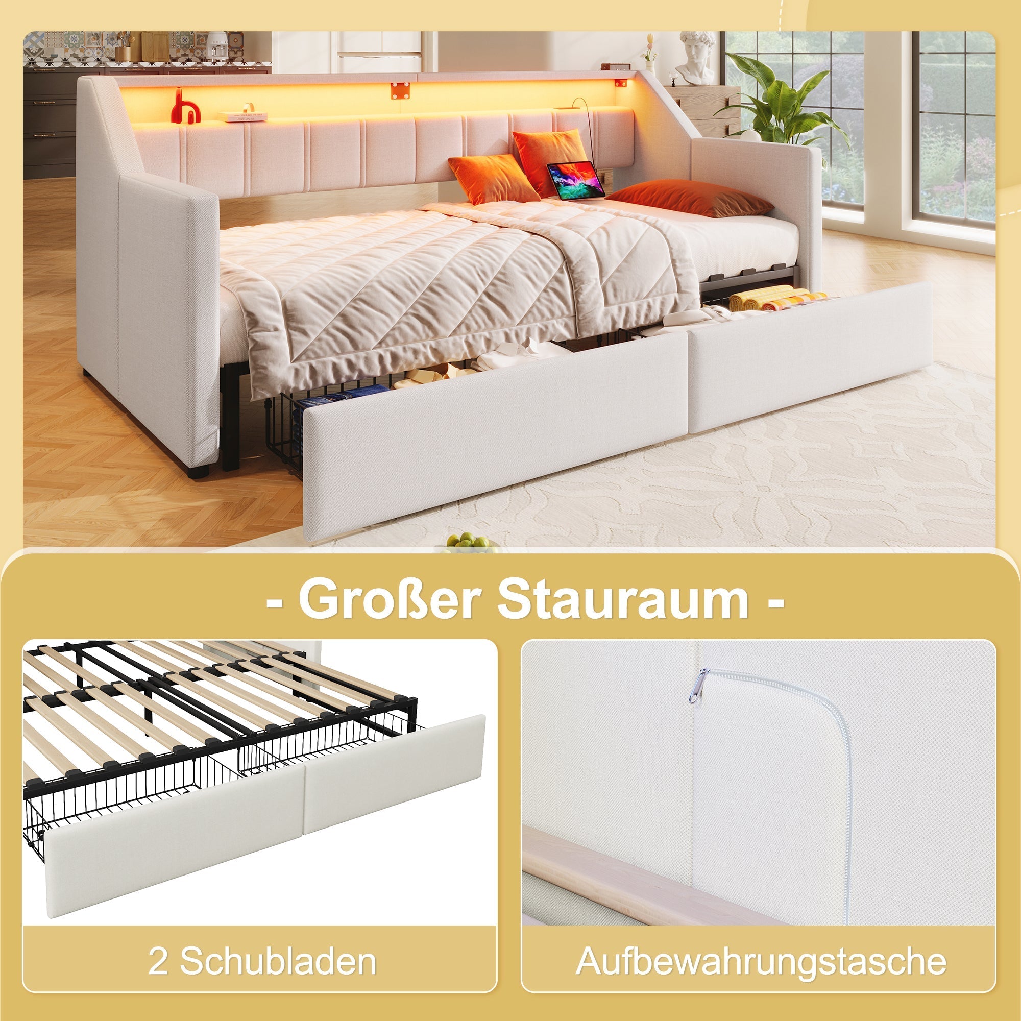 Daybed Sofa Bed 90x200cm Pull-out Bed LED USB/Type-C 2 Drawers Storage - Beige