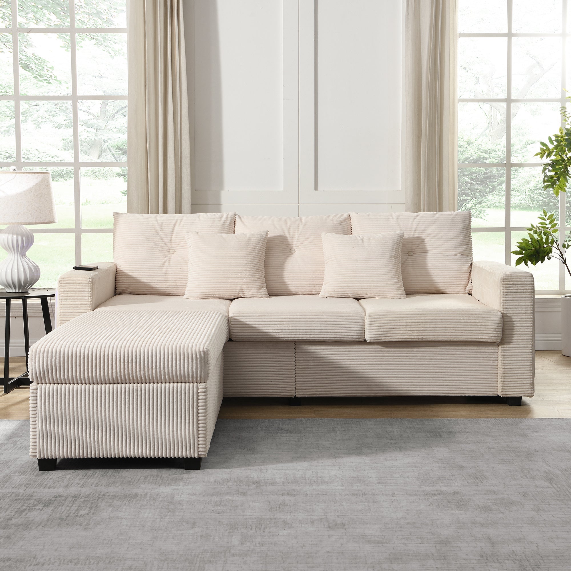 Sofa, Modern LED Combination with Cloud-Like Seating, 3-Seater + Ottoman, Modular L-Shaped
