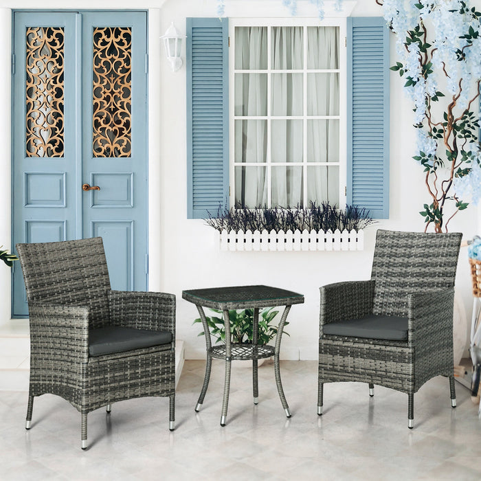 3 Pieces Rattan Bistro Set, Wicker 2-Tier Coffee Table Chairs Washable Cushions, Mixed Grey