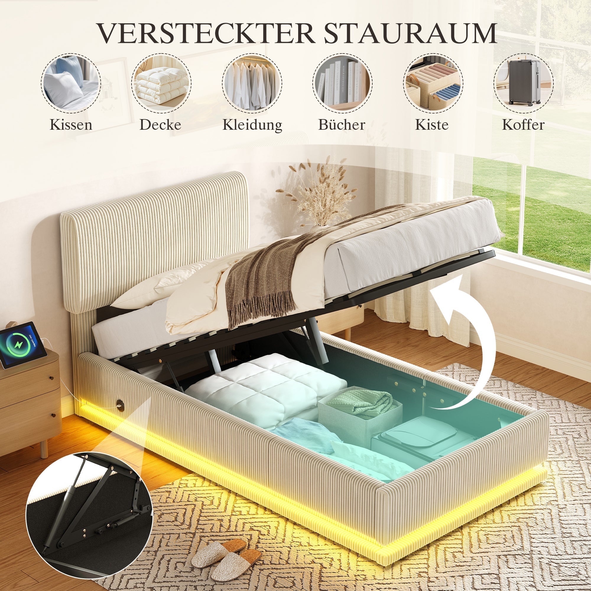 Modern Upholstered Bed with LED Lighting, USB-C and Storage, 90*200 Beige Corduroy