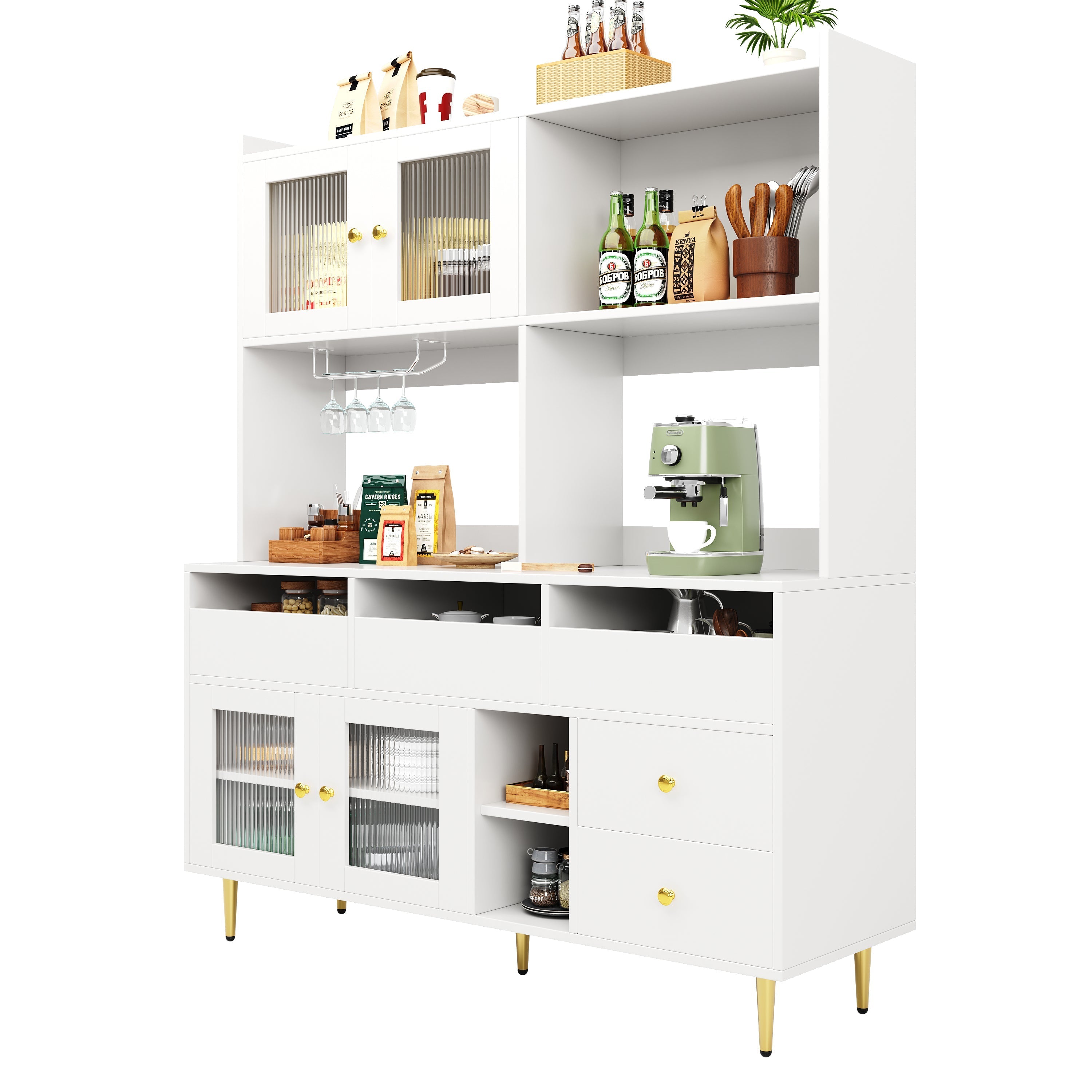Dining Room Cabinet, Minimalist with Glass Doors & Wine Glass Shelves, White Gold Accents