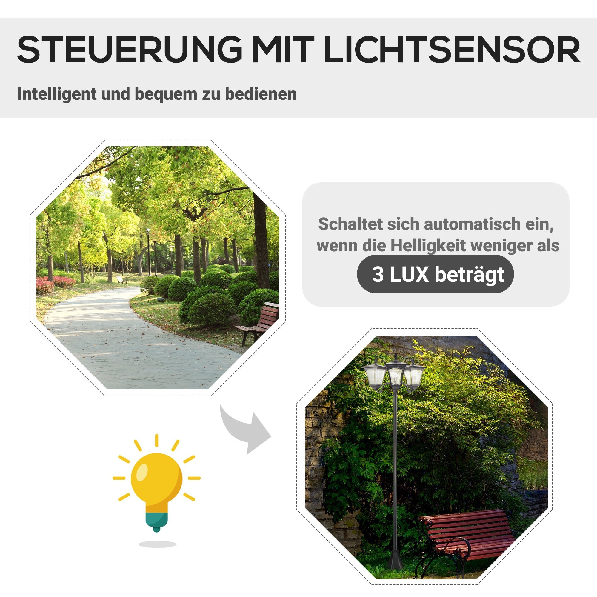 Solar Garden Lantern, 3 Flames 120 Lumen IP44, Stainless Steel Black