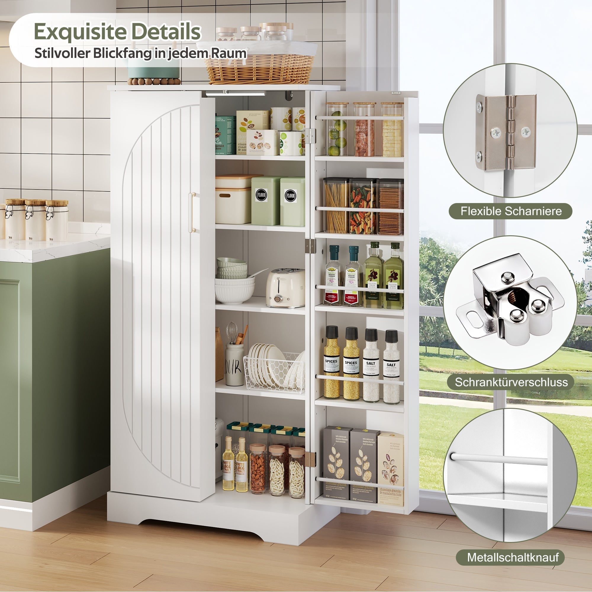 Multifunctional Kitchen Cabinet with LED Sensor Light and Adjustable Shelves, White