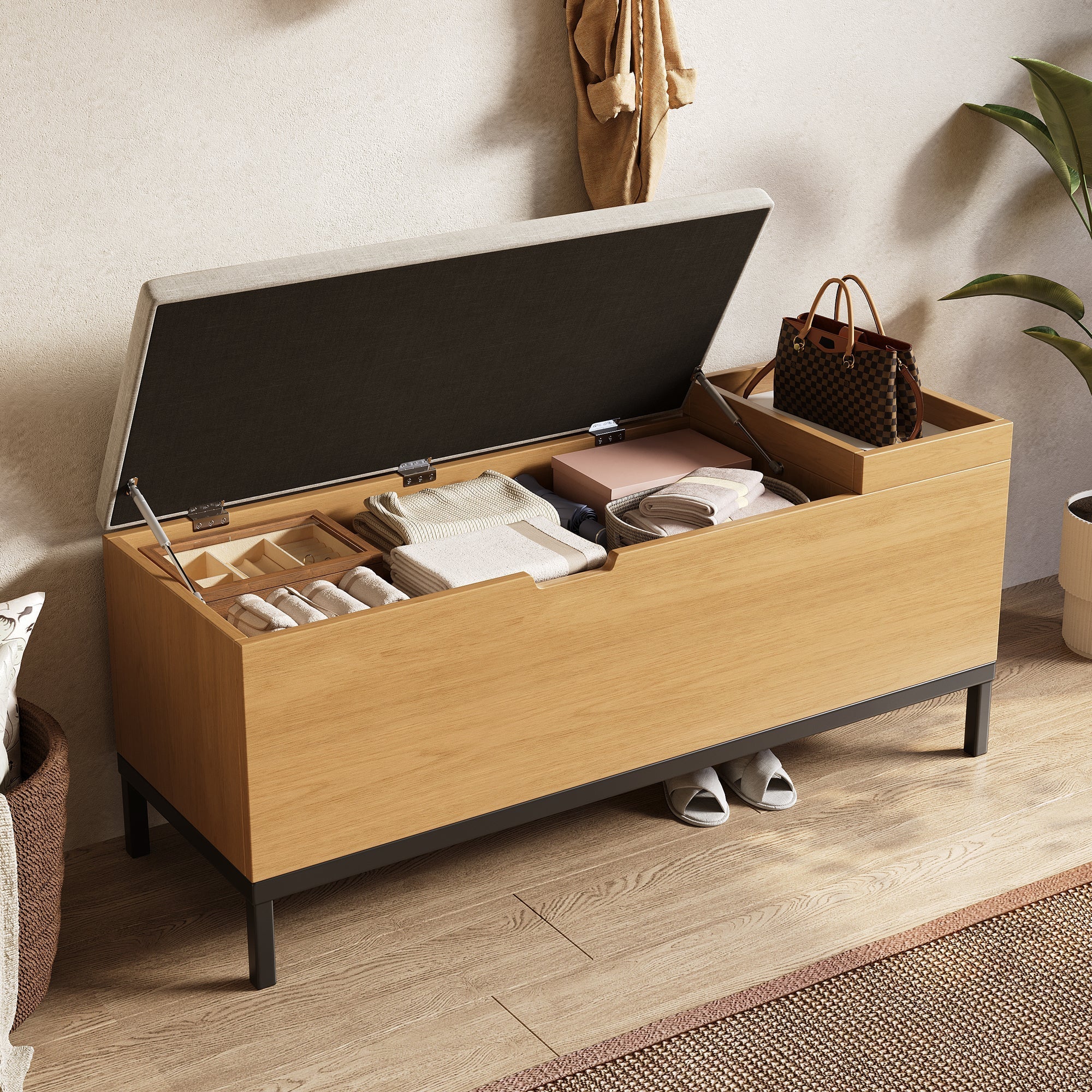 Shoe bench storage seating cabinet foldable footstool natural