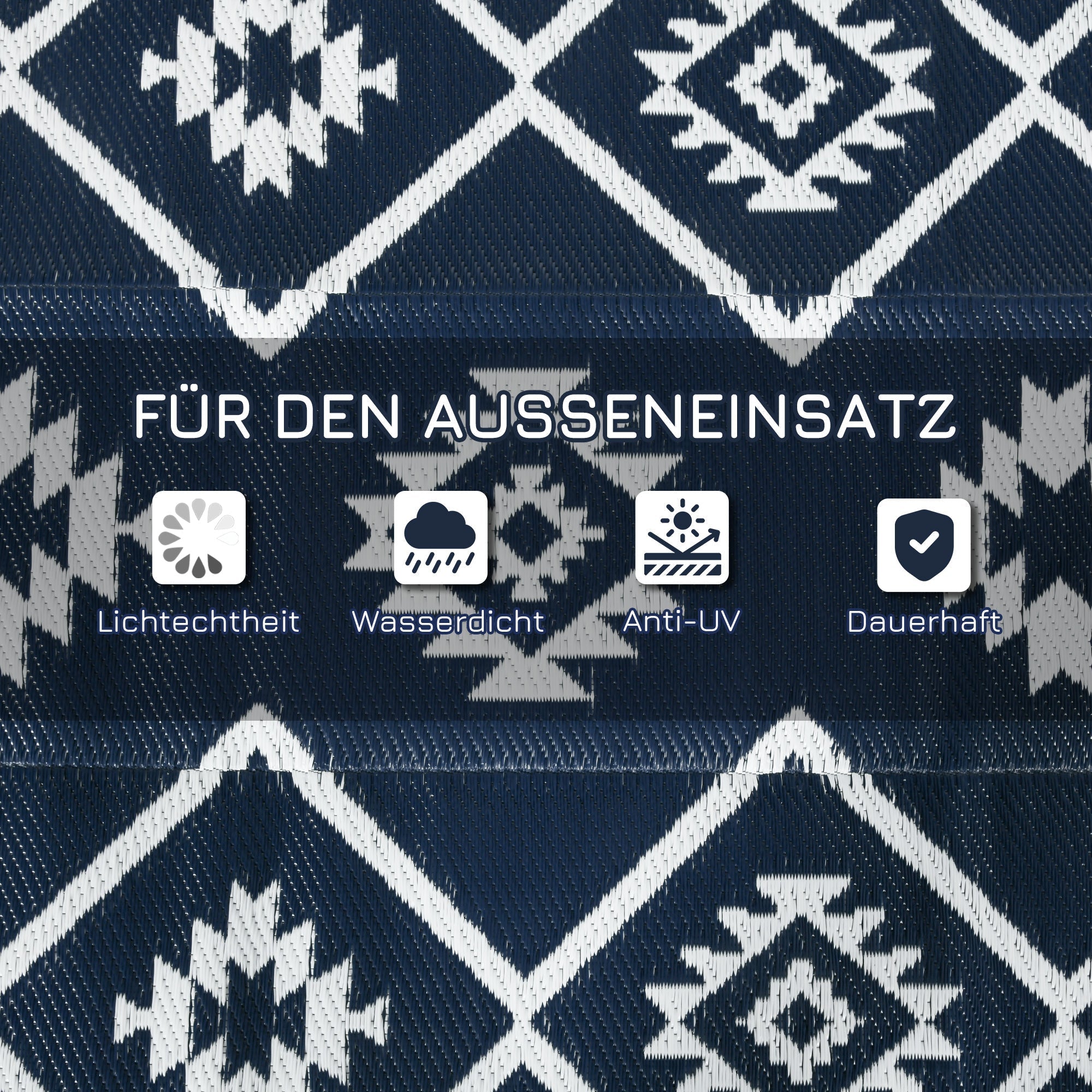 Reversible Outdoor Rug 182x274cm Water-Repellent Camping with Carrying Bag, Plastic Dark Blue & White
