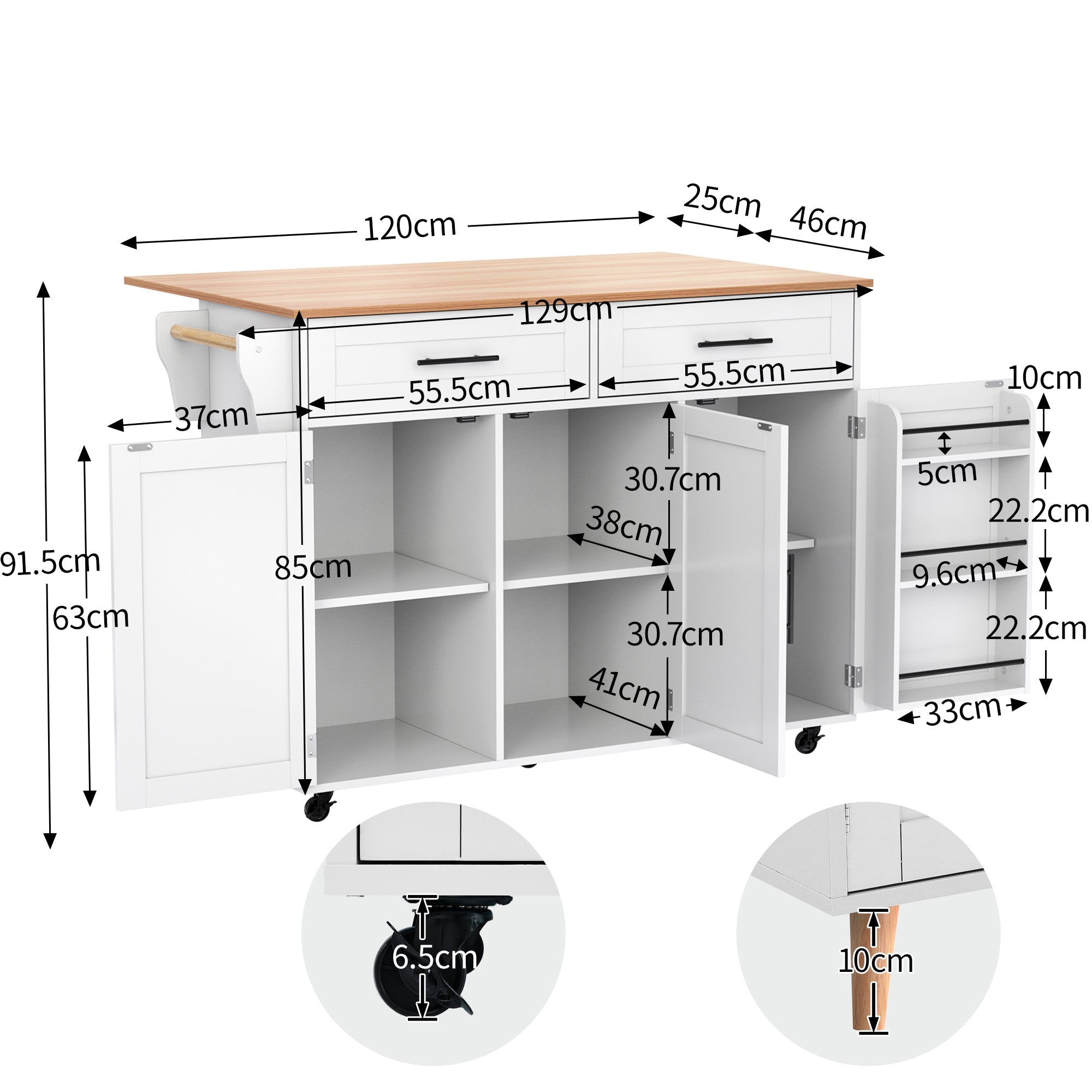 Dining Cart/Sideboard with Folding Worktop and Storage, White Cabinet/Solid Wood