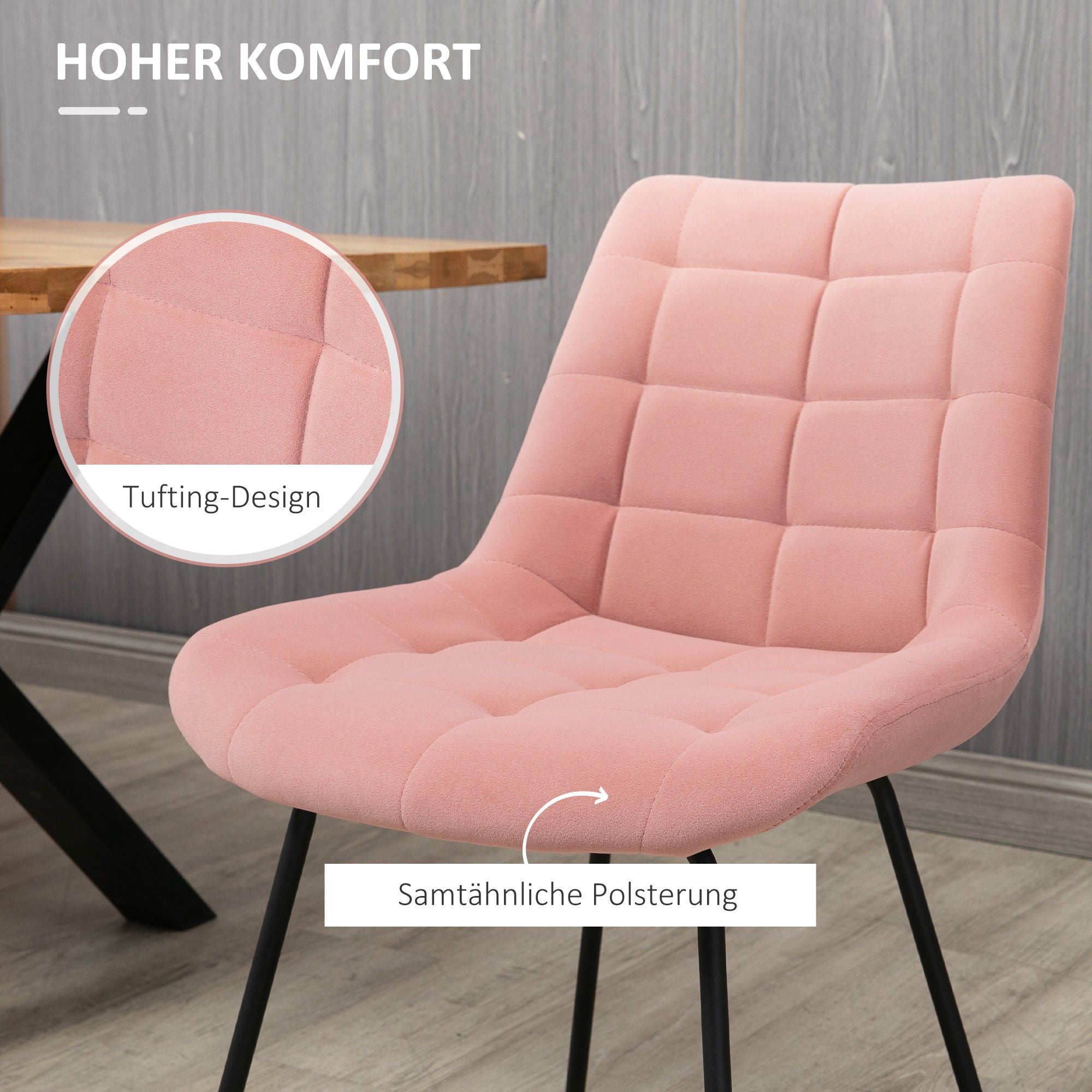 Dining Chair Set, Velvet Backrest, Steel Legs, Pink