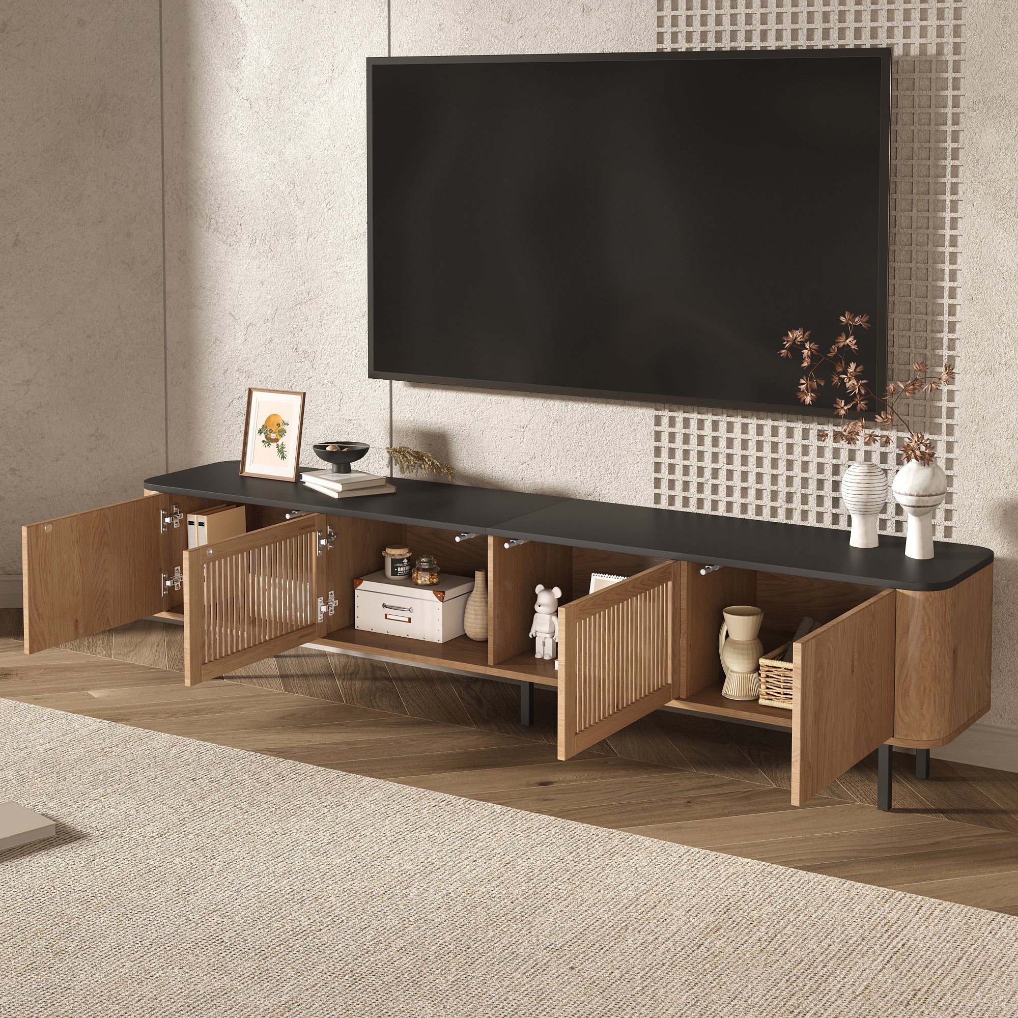 Modern TV Cabinet with Mesh Doors and Storage Compartments, Black and Oak finish