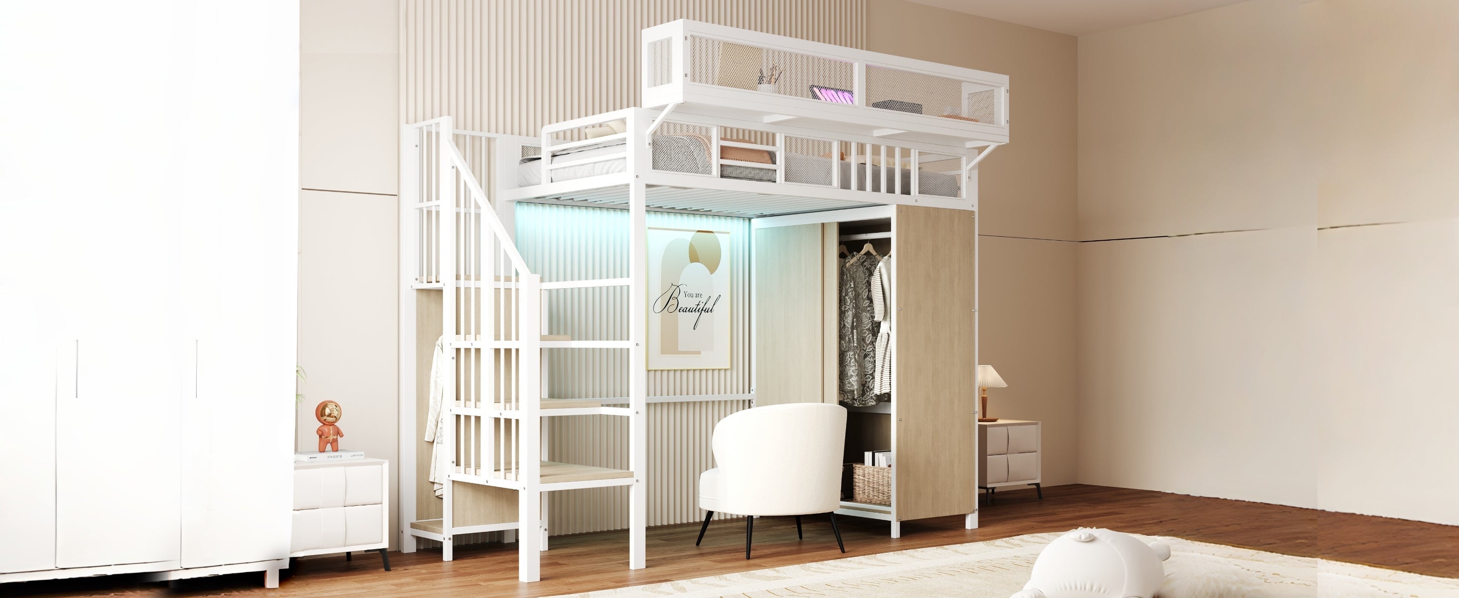 Metal Loft Bed with Wardrobe, Safety Ladder and LED Lighting, White