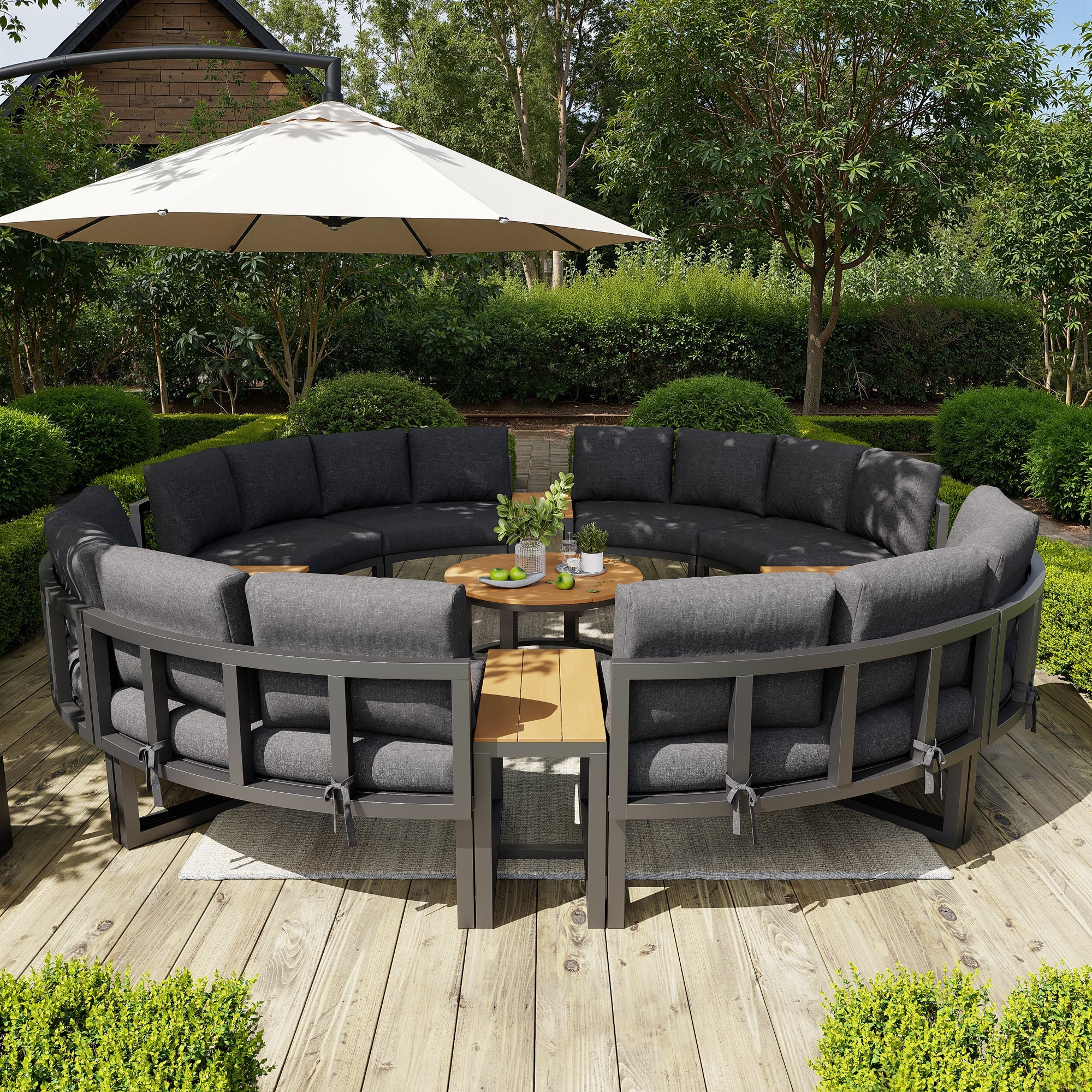 Garden Lounge Set 8-12 Person Round Sofa Adjustable Legs - Grey