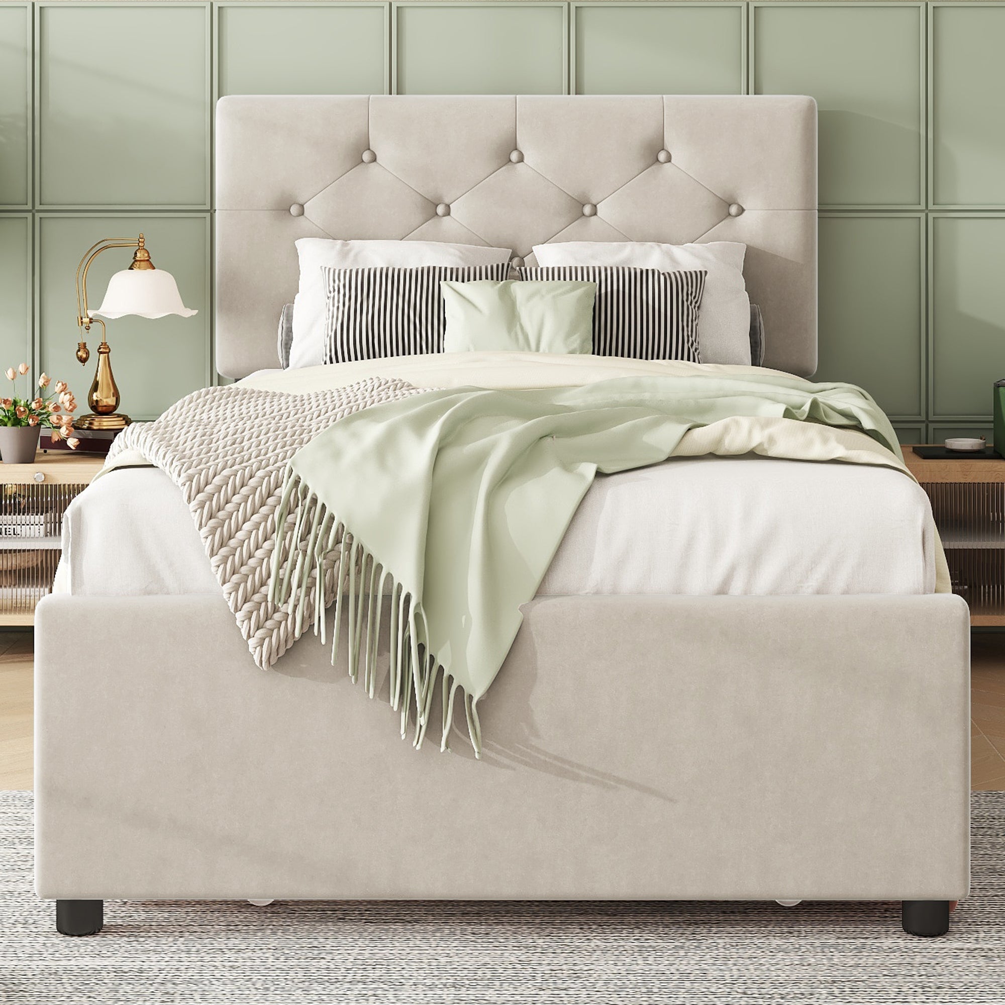 Upholstered Bed with Slatted Base and Rolling Storage, 90x200cm, Beige Velvet