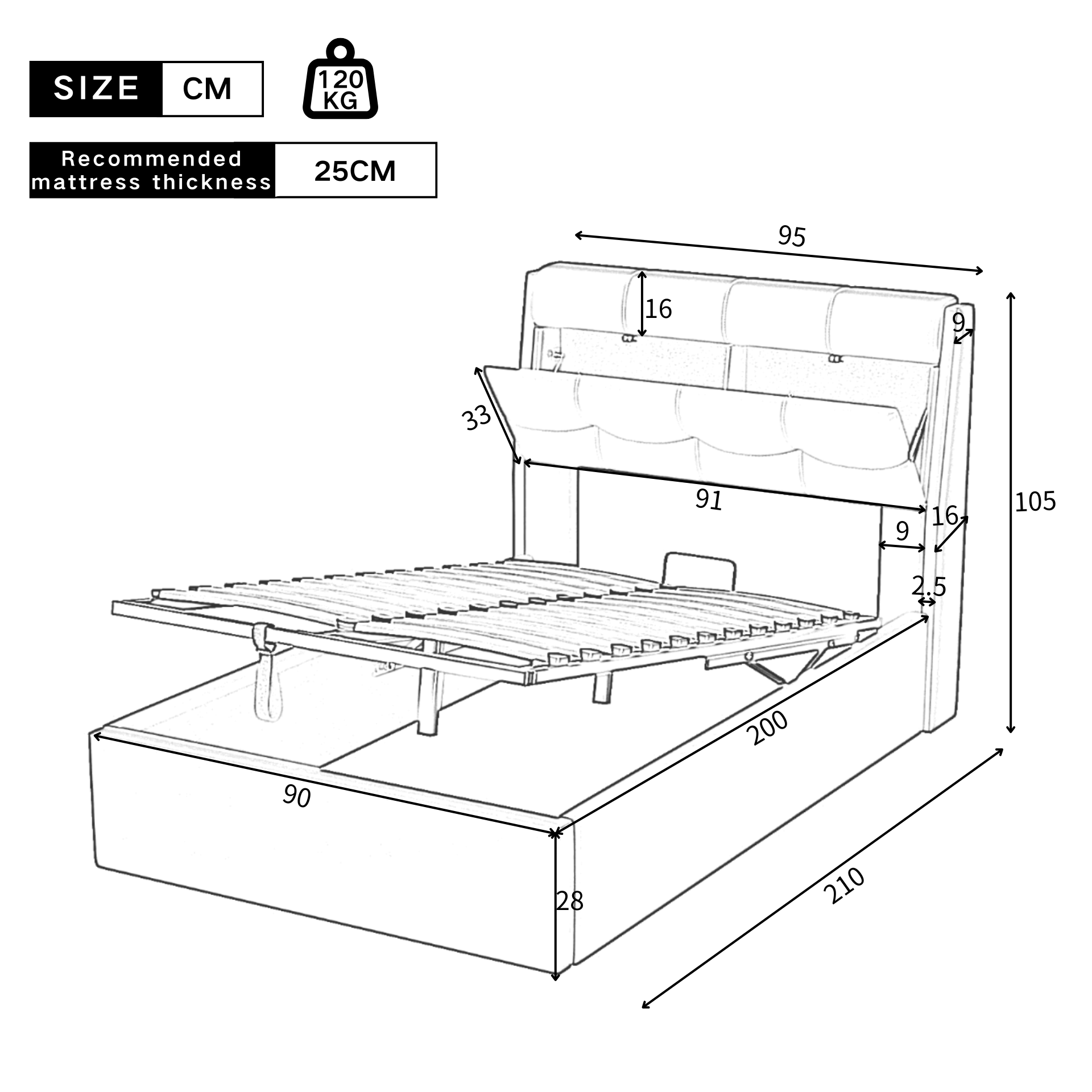 Upholstered Bed 90x200 Hydraulic Storage Concealed Headboard - PU Black