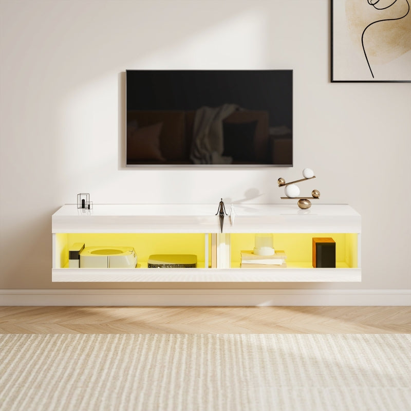 TV Cabinet 140cm Wall-Mounted Lowboard RGB LED Lighting Open Storage High-Gloss White