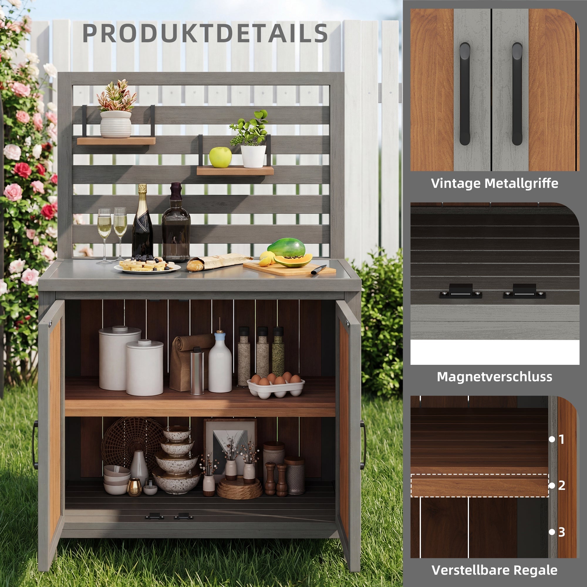 Weatherproof Garden Cabinet with Stainless Steel Worktop and Adjustable Shelves, Wooden
