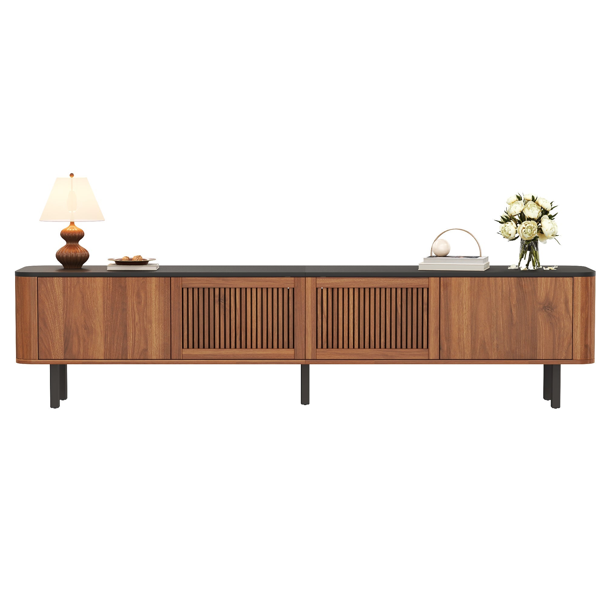 Modern TV Cabinet with Gitter Doors and Storage, Black and Walnut Wood