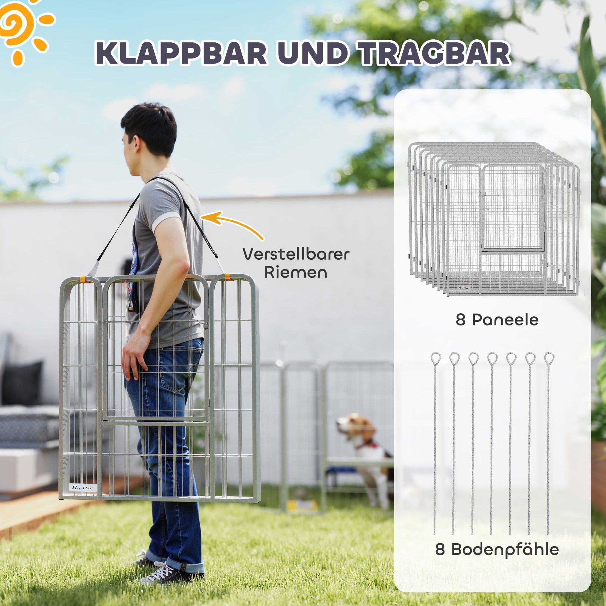 Welpenlaufstall, 8-teilig, 80 cm hoher Freilaufstall mit Tür, Stahl, Silber