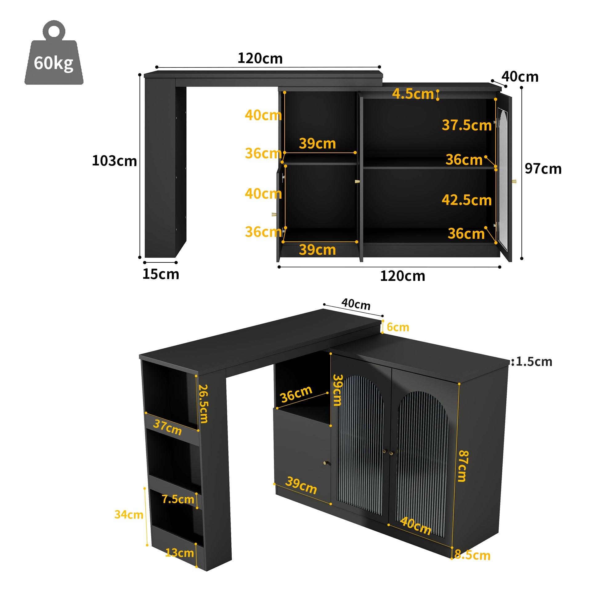360° Rotating Bar Table, Multifunctional Dining & Bar Cabinet, Glass Door Storage, Black