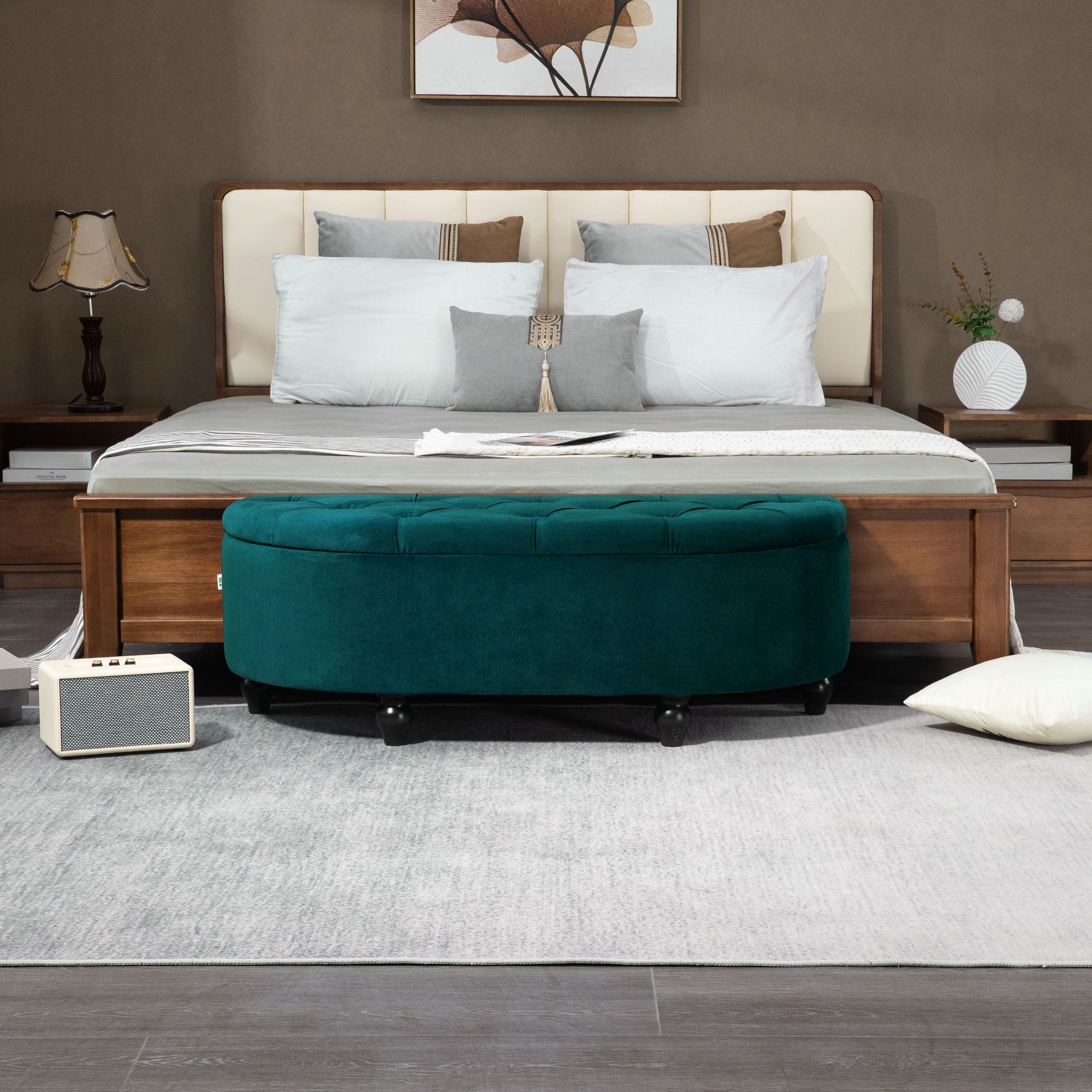 Storage Bench, Open Lid Upholstered, Dark Green Velvet