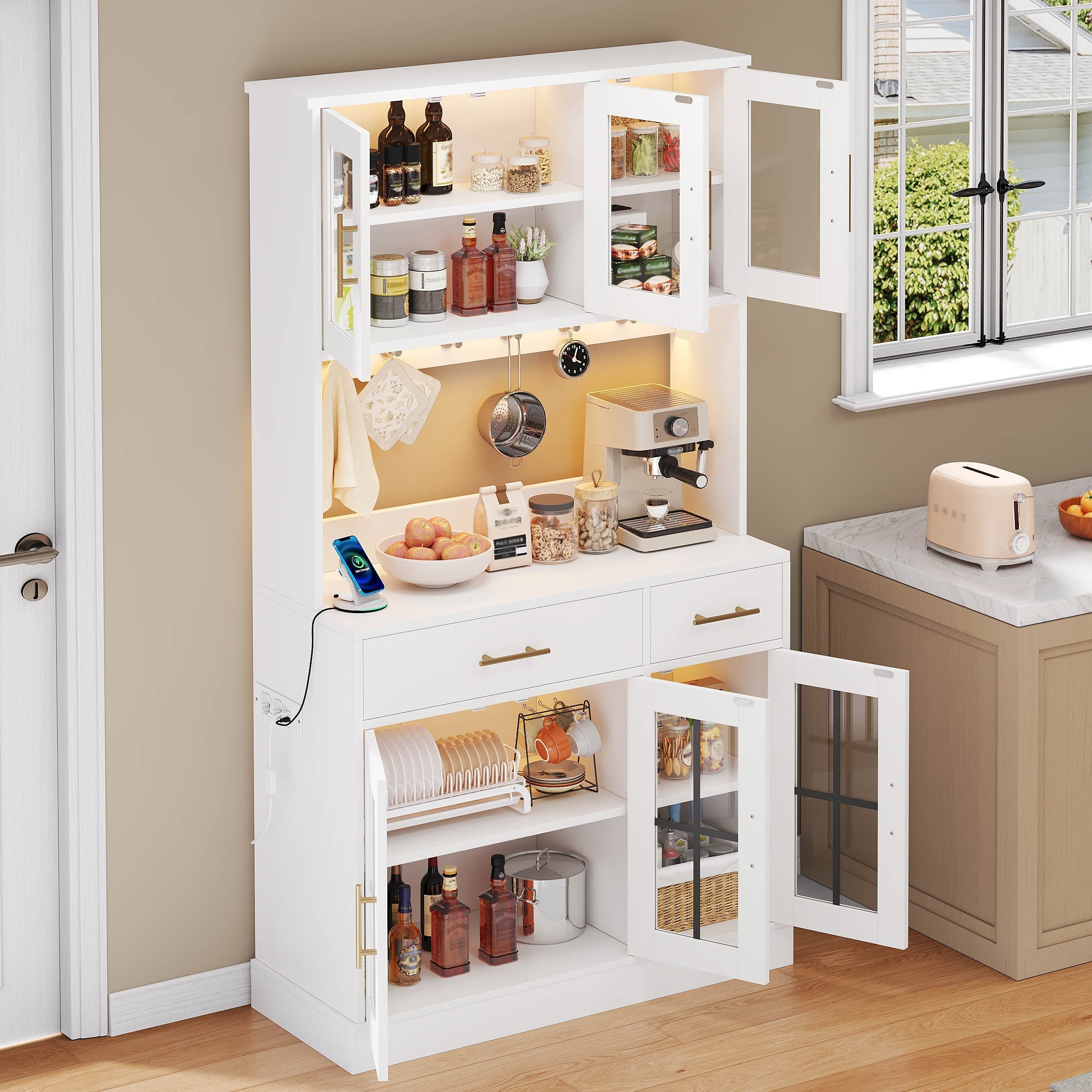 Kitchen Sideboard 180x100cm LED Socket 6 Doors 2 Drawers Adjustable Shelves - White