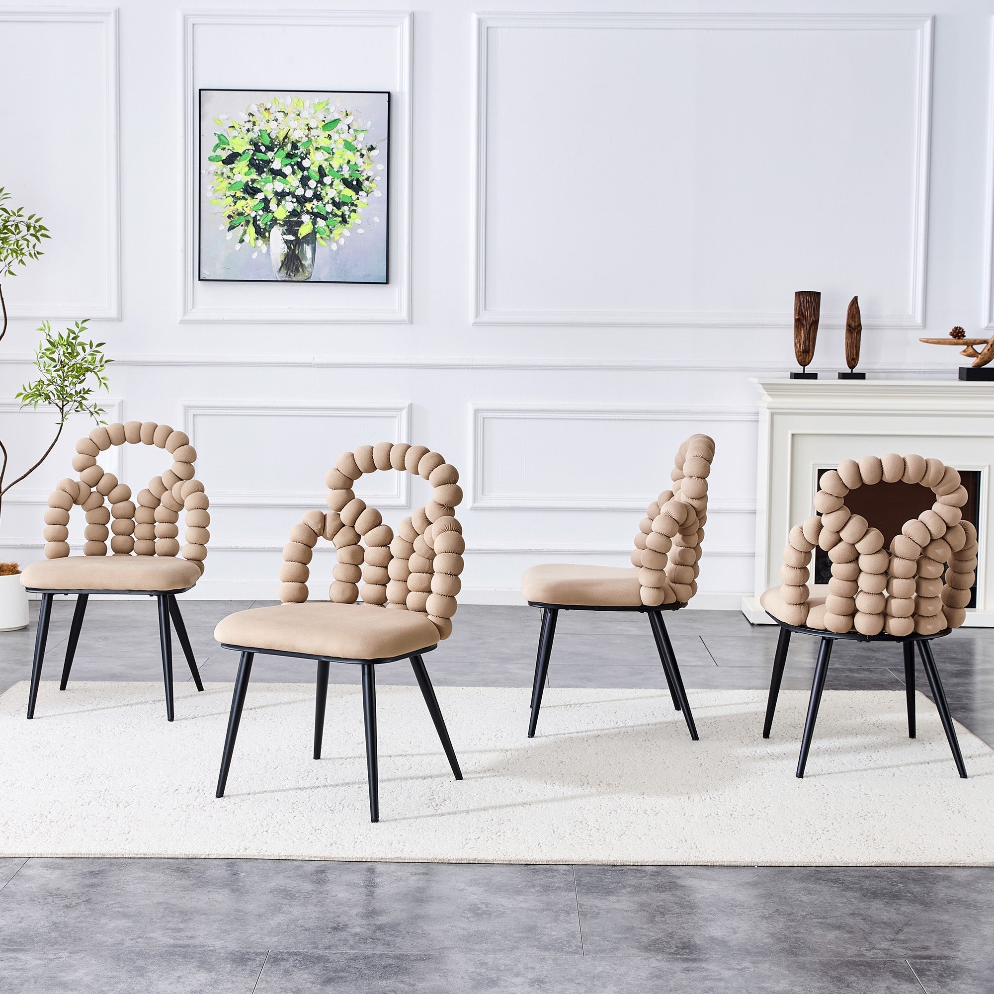 Velvet Dining Chairs Set of 2 Ball Chain Backrests Black Metal Camel