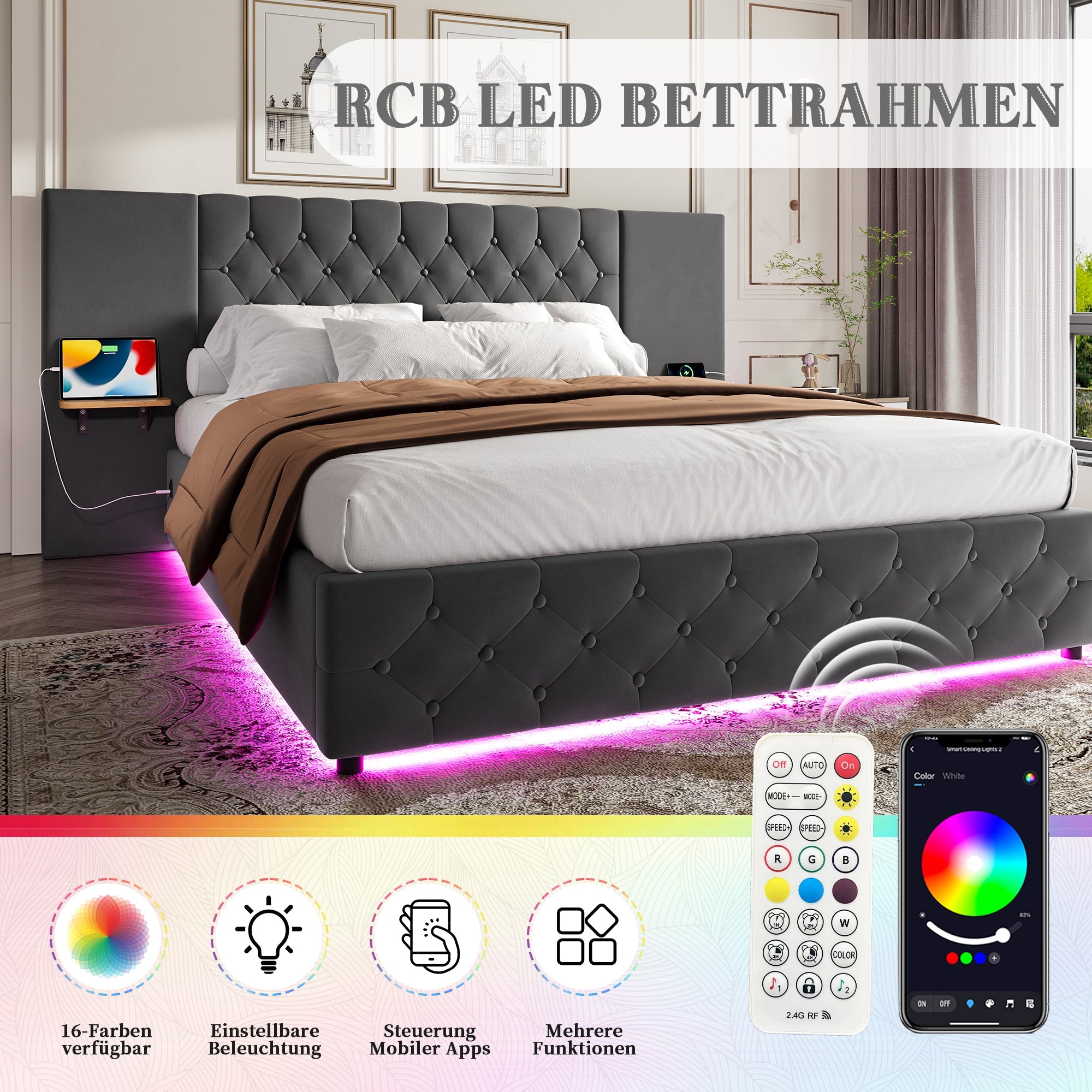 Bed Frame, 140x200cm, Wide Headboard, LED, USB, Hydraulic Lift Storage