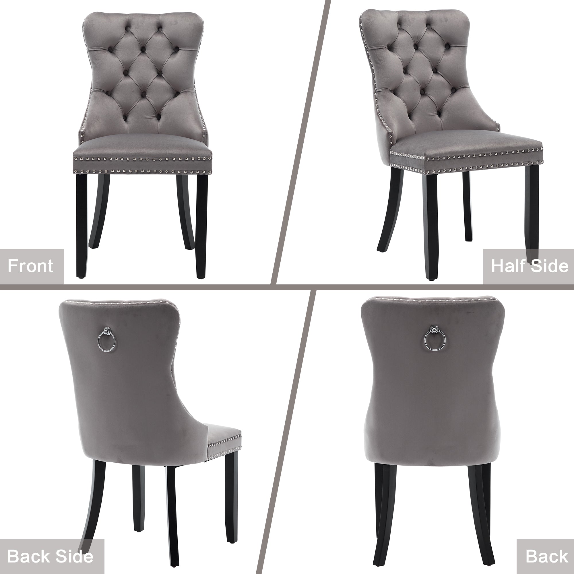 Set of 2 Modern Upholstered Velvet Dining Chairs, Button Tufted with Solid Wood Legs, Riveted Trim and Knocker Ring, Grey