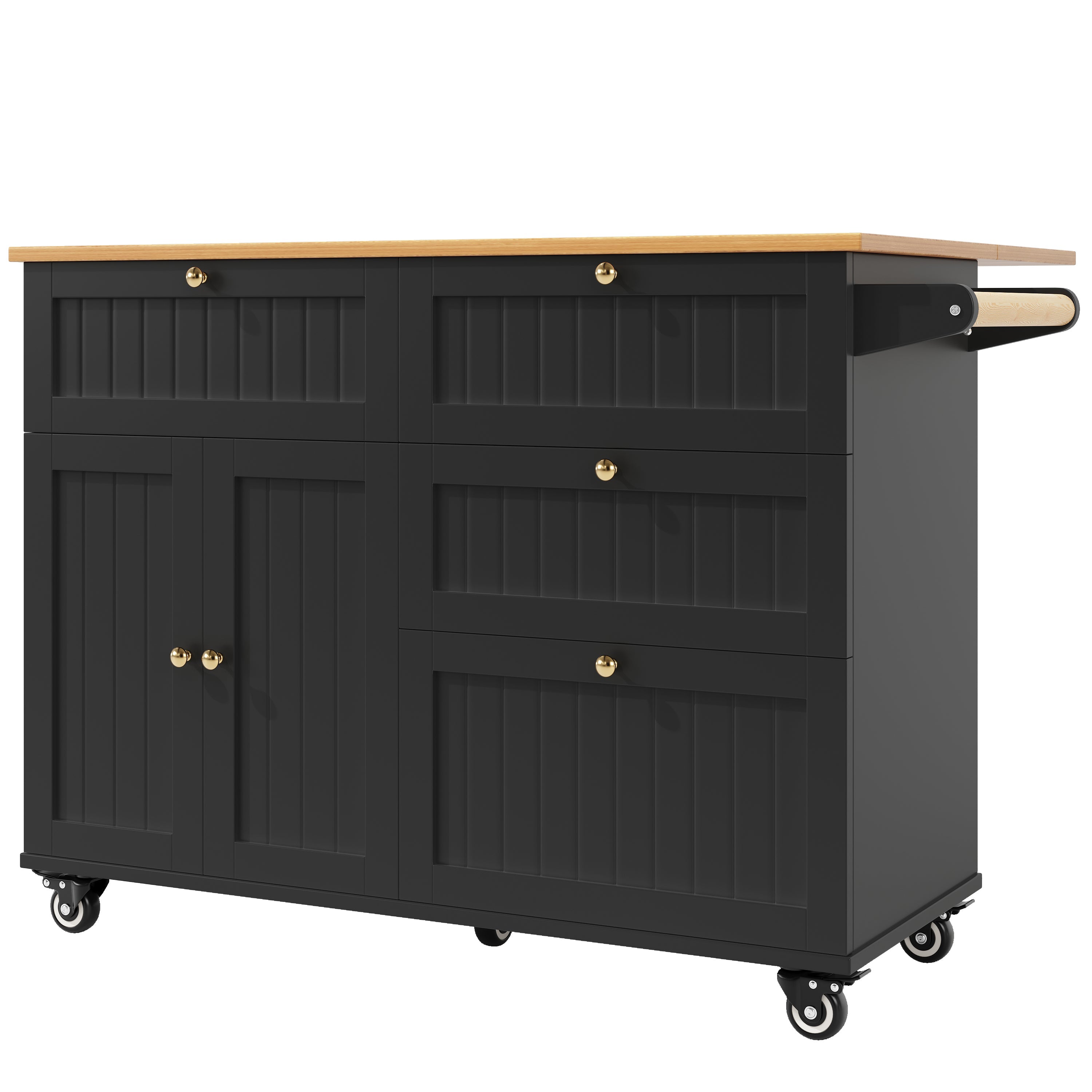 Modern Kitchen Island Dining Table Multifunctional with Storage Wood Grain Black