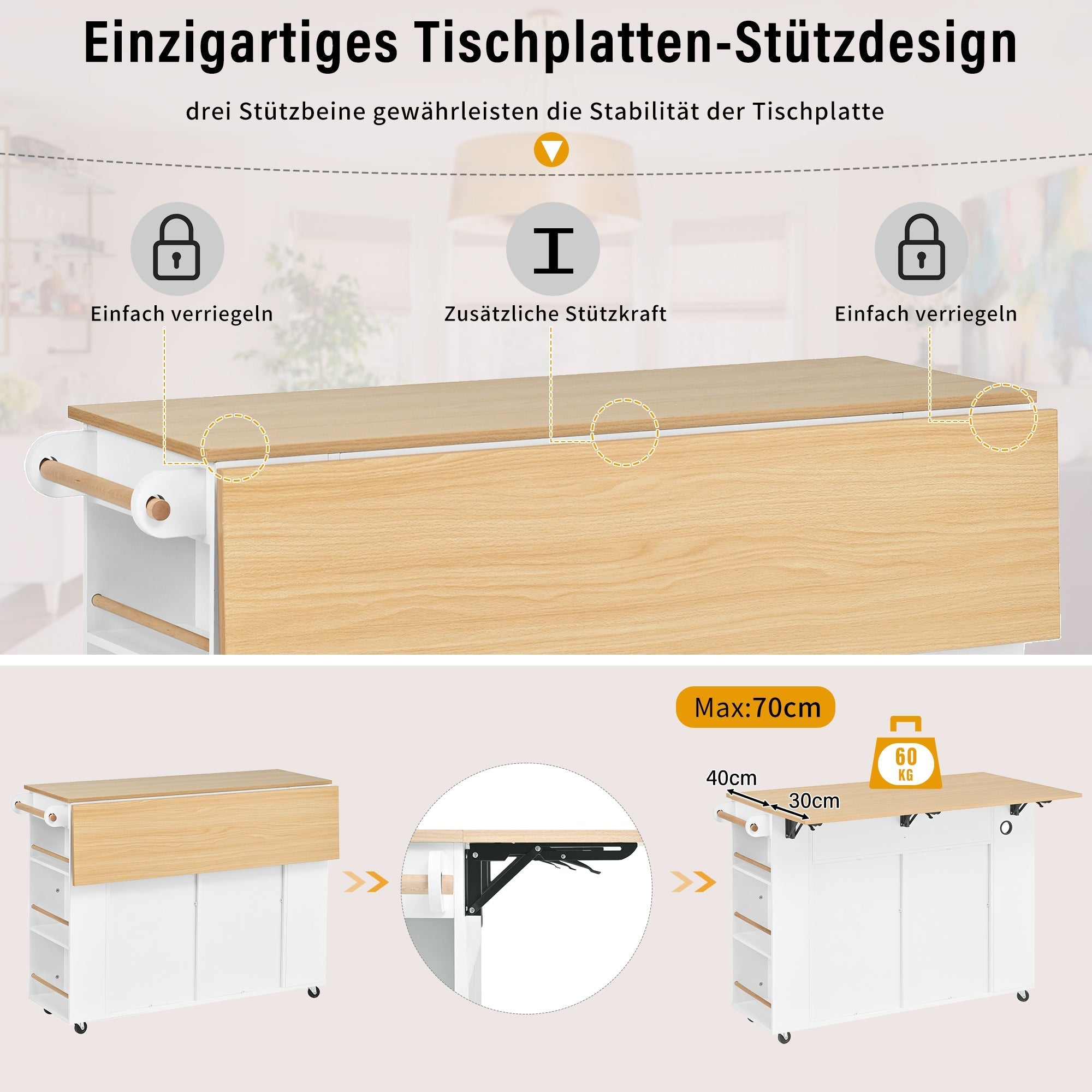 Kitchen Island Mobile Extendable Dining Table Waste Bin Towel Rack Power Strips - White