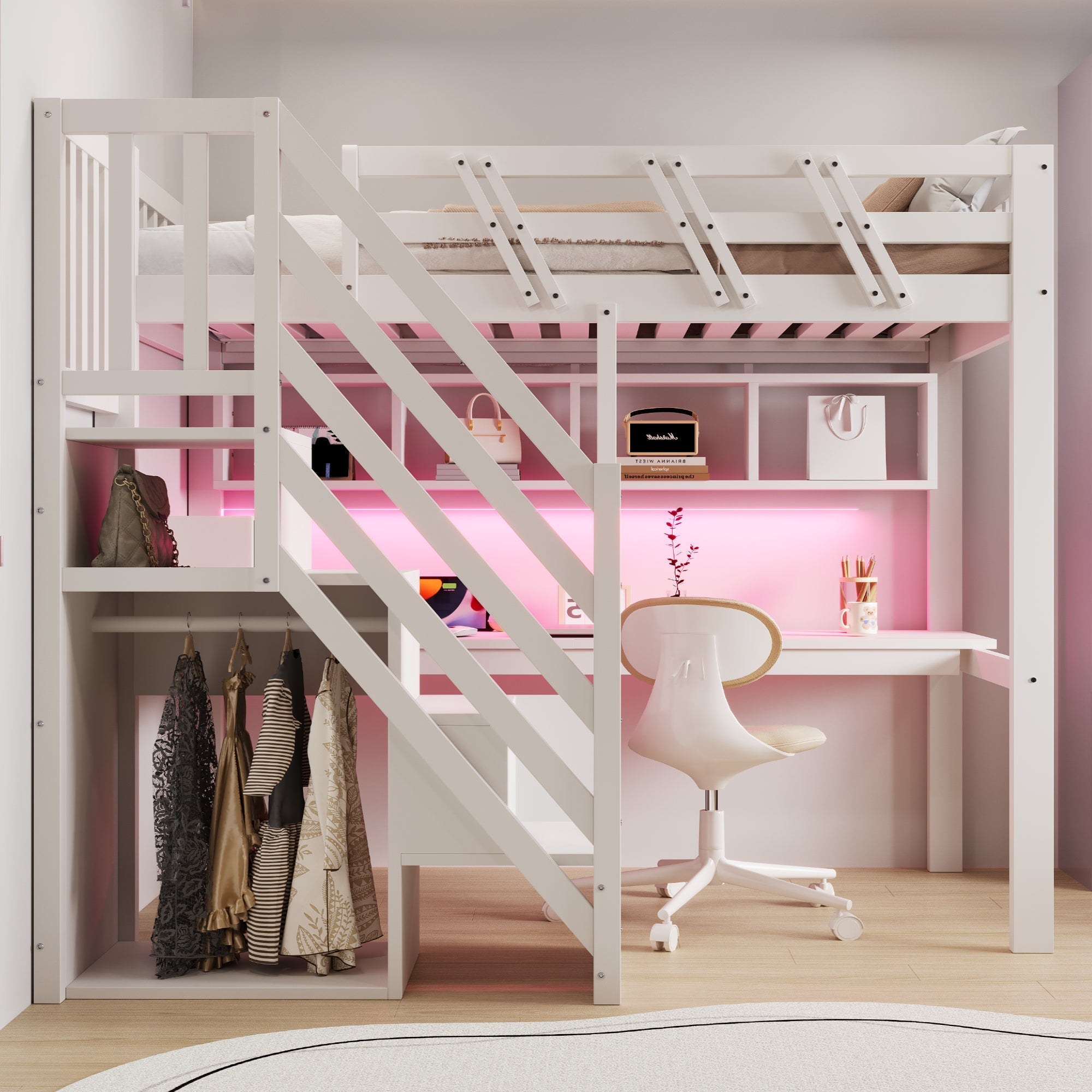 Solid Wood Loft Bed 90x200cm with Stairs Storage Cabinet Desk USB LED - White