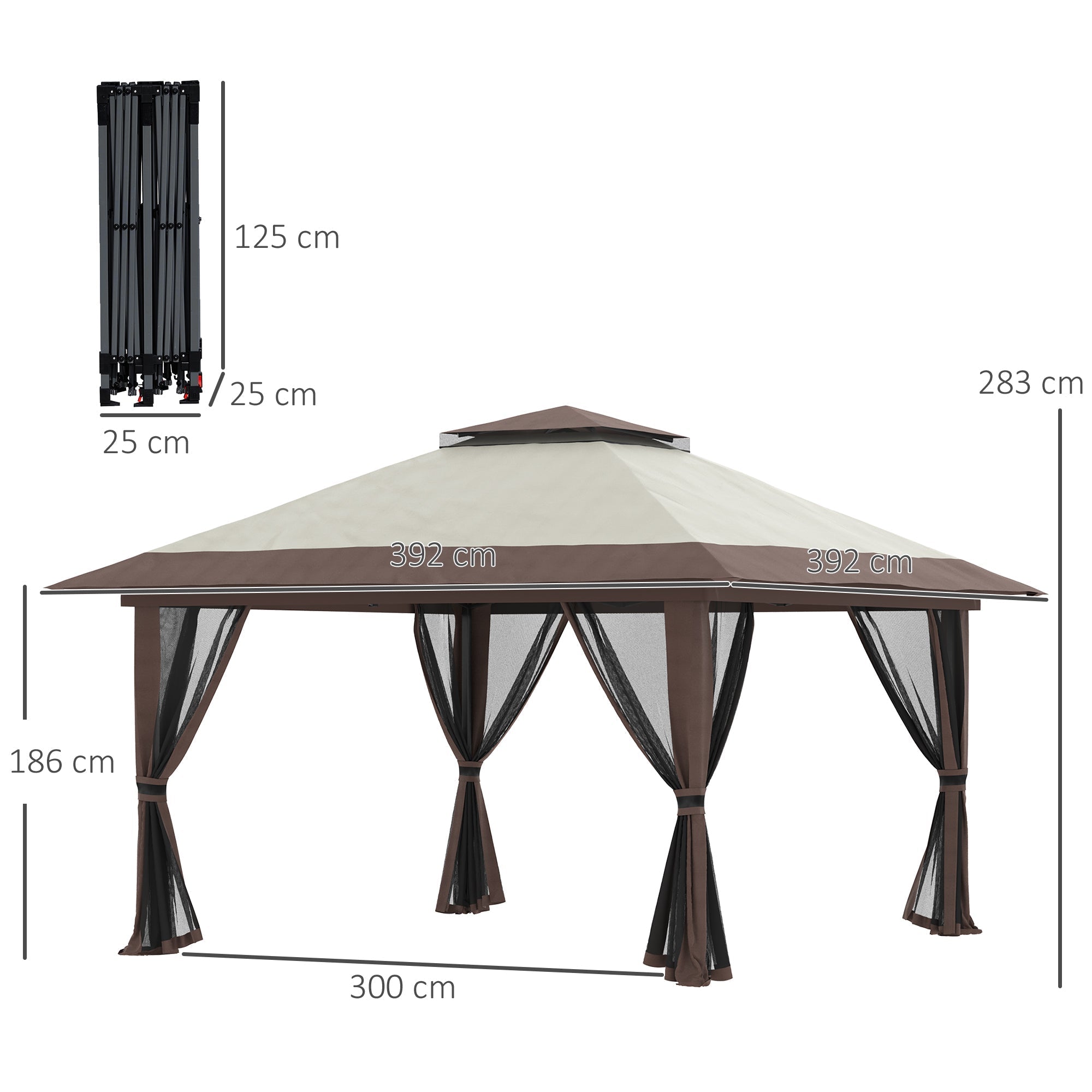 Folding Gazebo 4x4m Height Adjustable UV Protection Net Curtains Double Roof, Beige