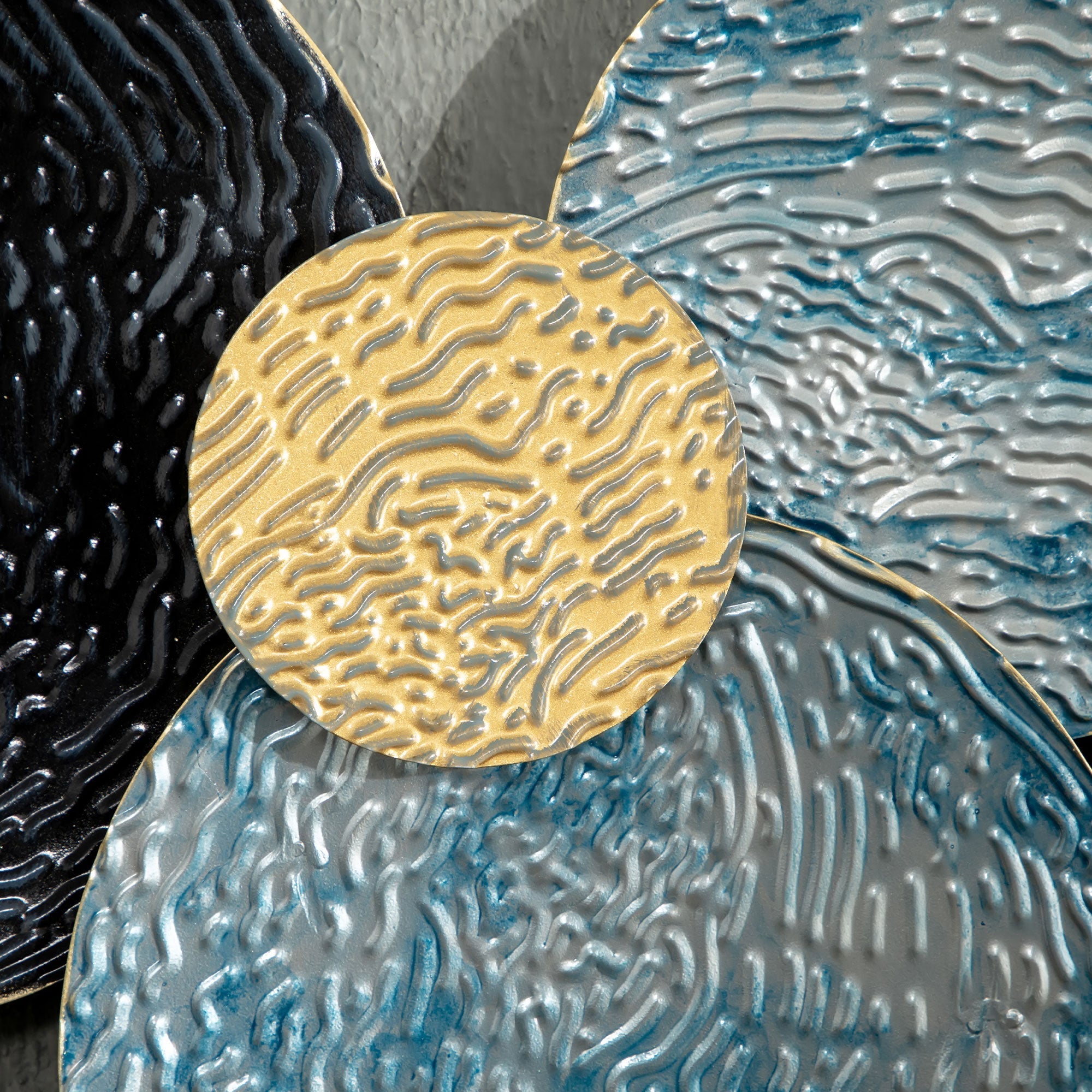 3D-Wandkunst, moderne Skulptur, 121x53cm, Gold Schwarz Blau Metall