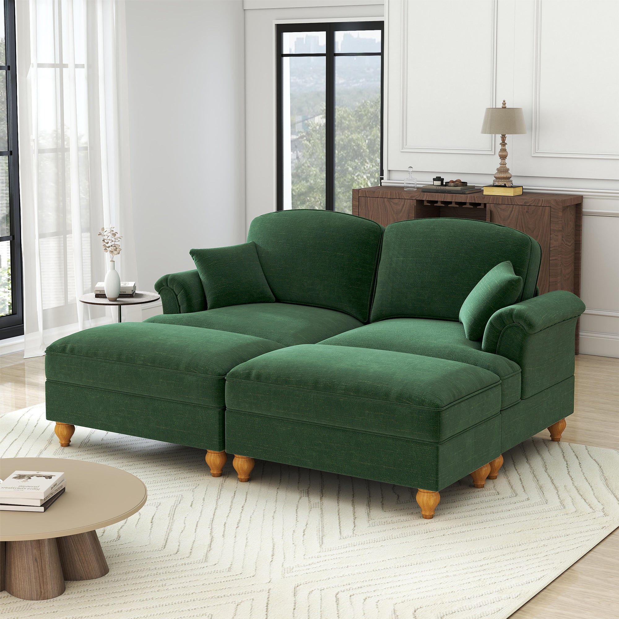 Classic Modular 2-Seater Sofa Movable Ottoman Funnel Armrests Chenille Green