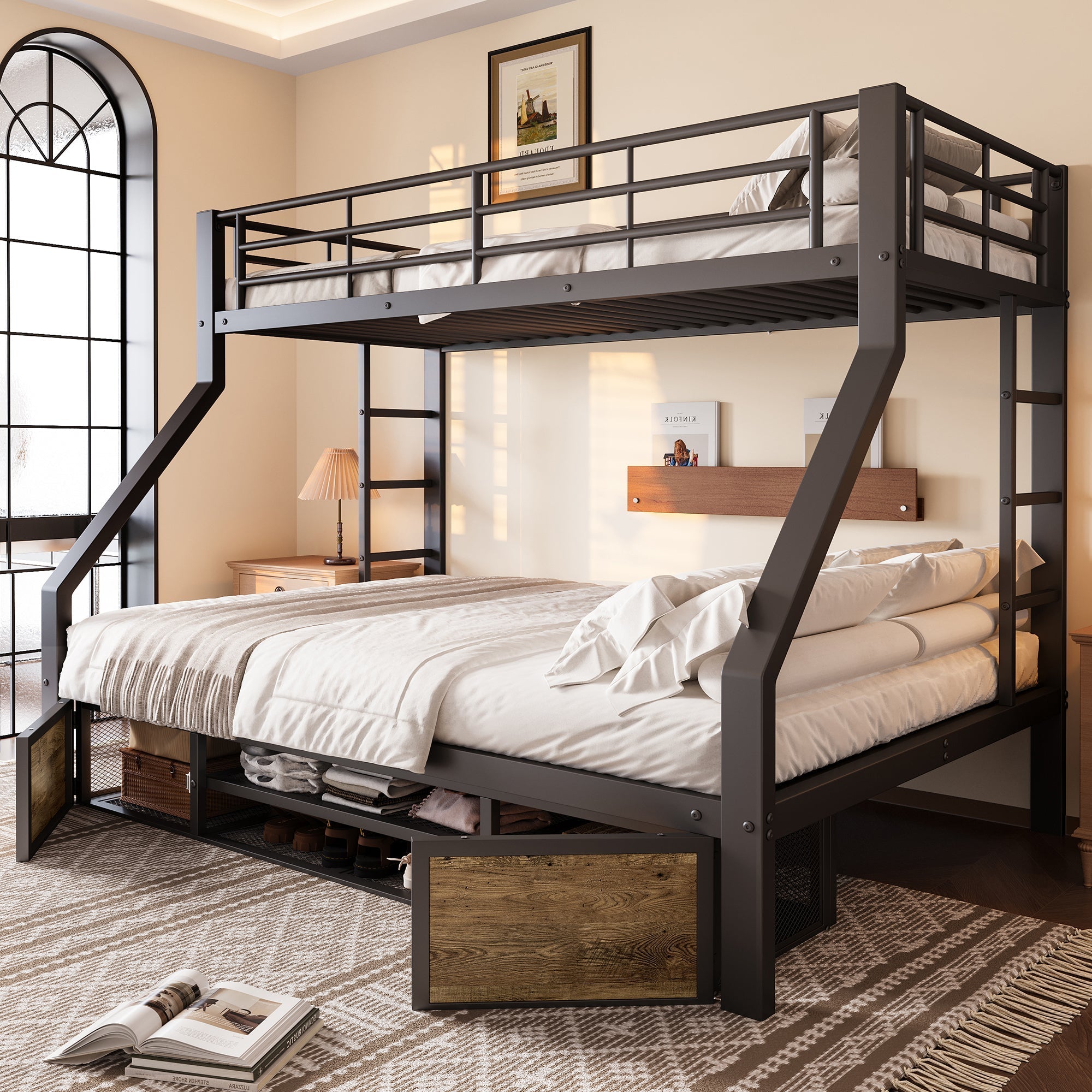 Bunk Bed for Children with Shoe Rack, Storage Compartments and Safety Rails, Black